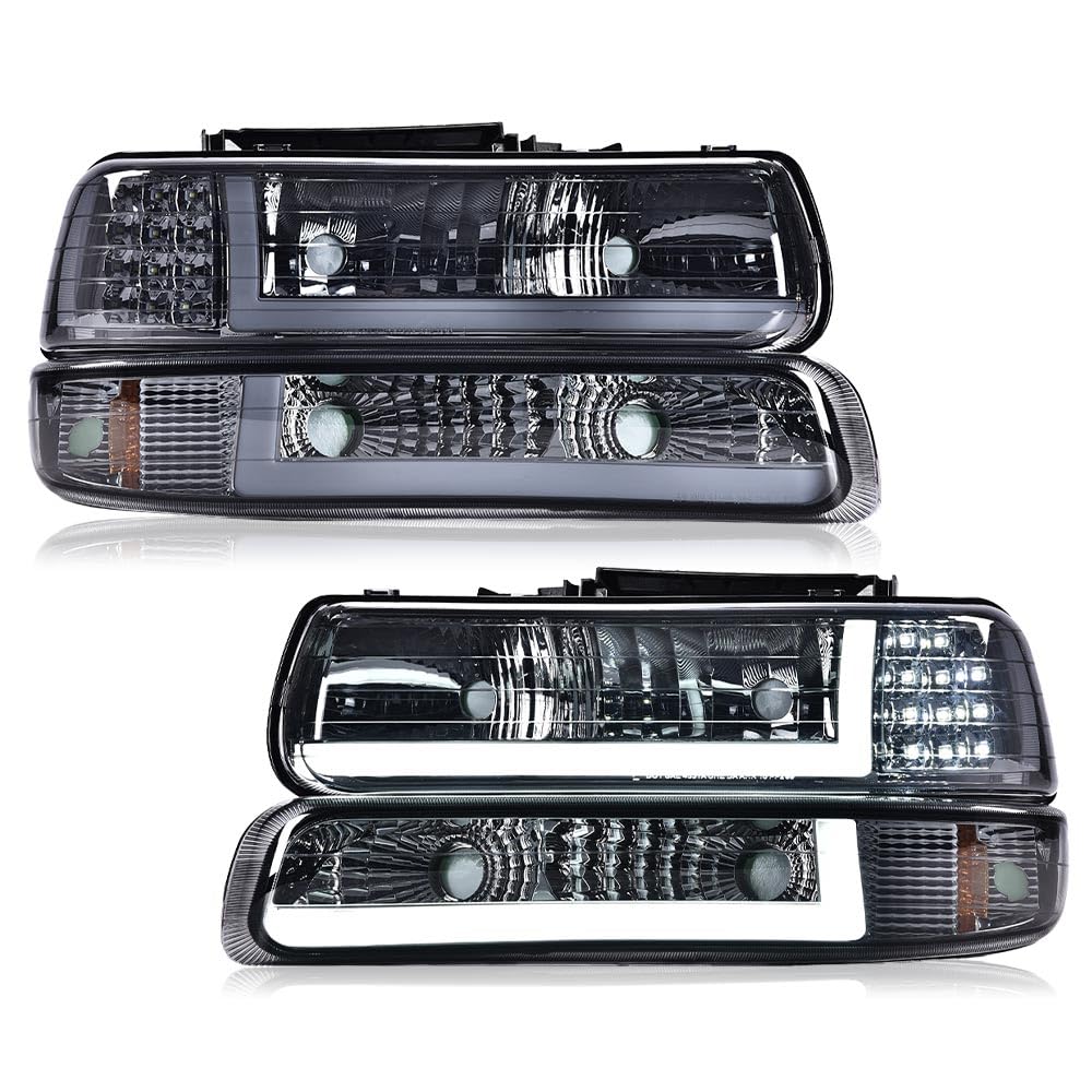 Pit66 Led Drl Headlight Assembly Compatible With 1999-2002 Chevy Silverado / 2000-2006 Tahoe Suburban Headlamp W/Bumper Lights S