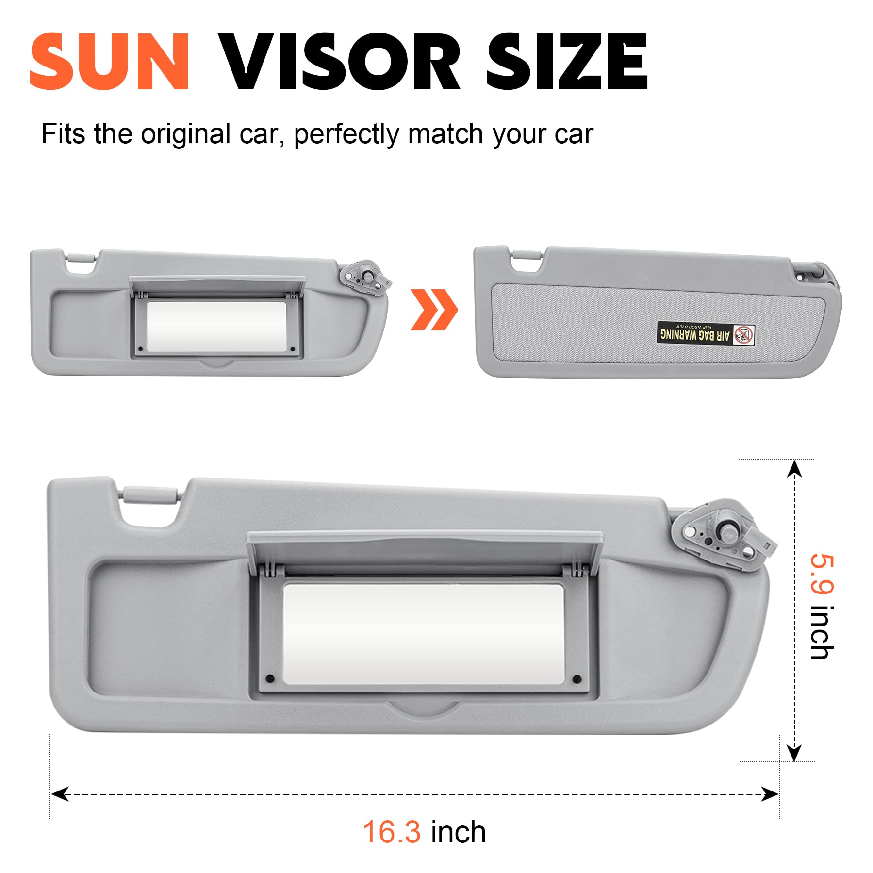 Gray Passenger Right Side Sun Visor Replacement Compatible with 2006 2007 2008 2009 2010 2011 Honda Civic EX LX Sedan SI Coupe R