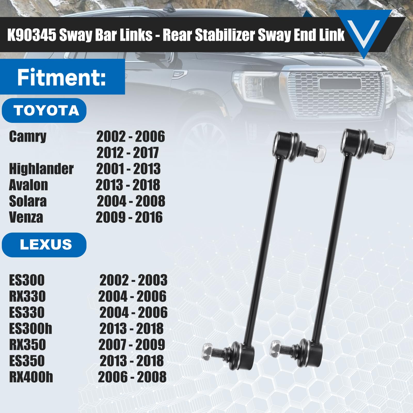 K90345 Sway Bar - Rear Stabilizer Bar End Links Compatible With Toyota Camry/Highlander/Avalon/Solara/Venza 01-18 Lexus Es300/Rx