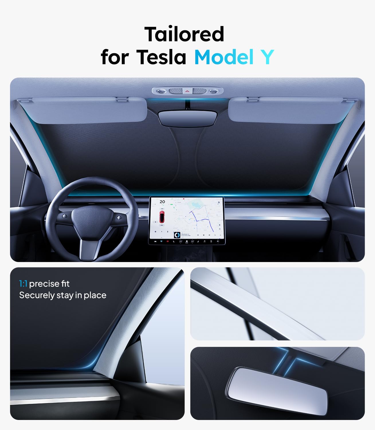 Wigoo 2025 Tesla New Model Y Accessories Windshield Sunshade [Oem Design, 100% Sun Blockage] Foldable Heat Insulation Sunshade W