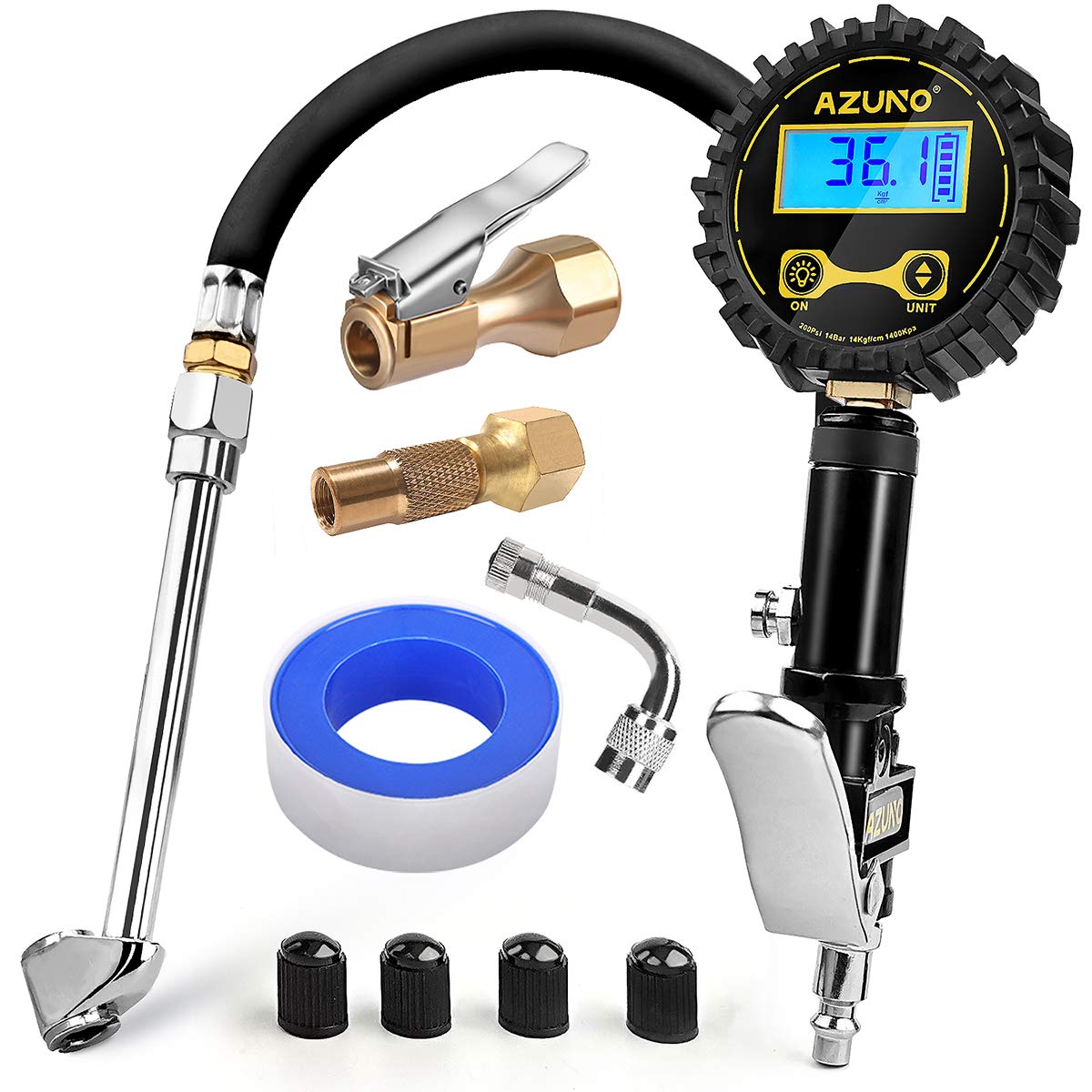 Azuno Digital Tire Inflator With Pressure Gauge, 200 Psi (0.1 Res) W/Led Flashlight, Heavy Duty Air Compressor Accessories 7Pcs