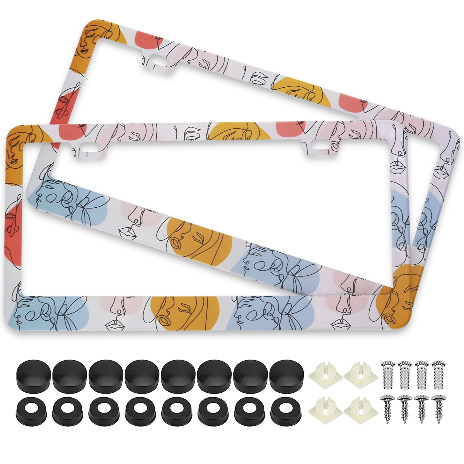 Boho Abstract Colorful Woman Line Face License Plate Frames, 2 Pack Abstract Faces Car Plate Frame, Stainless Steel License Plat