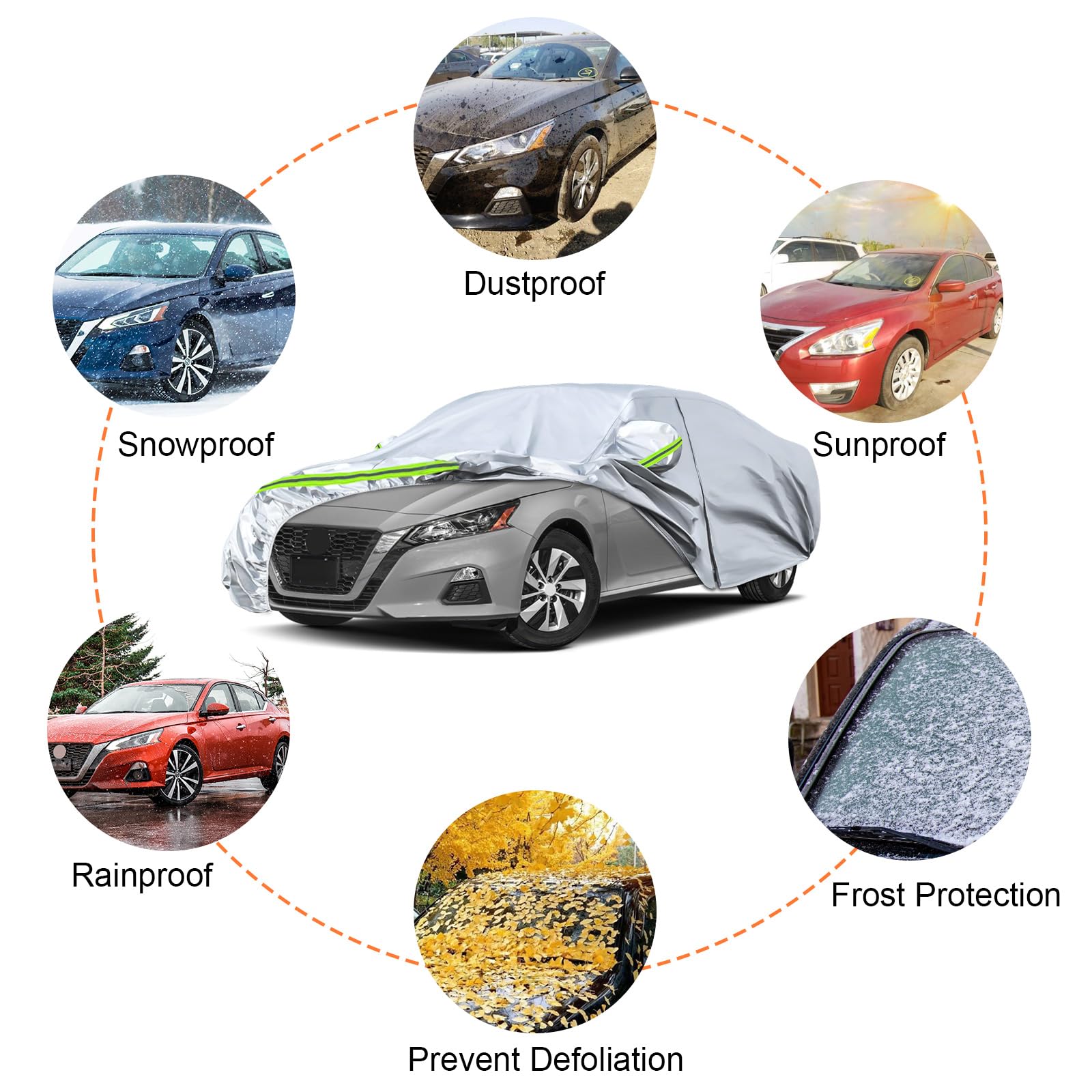 Waterproof Car Covers Replace For 2002-2025 Nissan Altima, 6 Layers Silver All Weather Custom-Fit Car Cover With Zipper Door & W