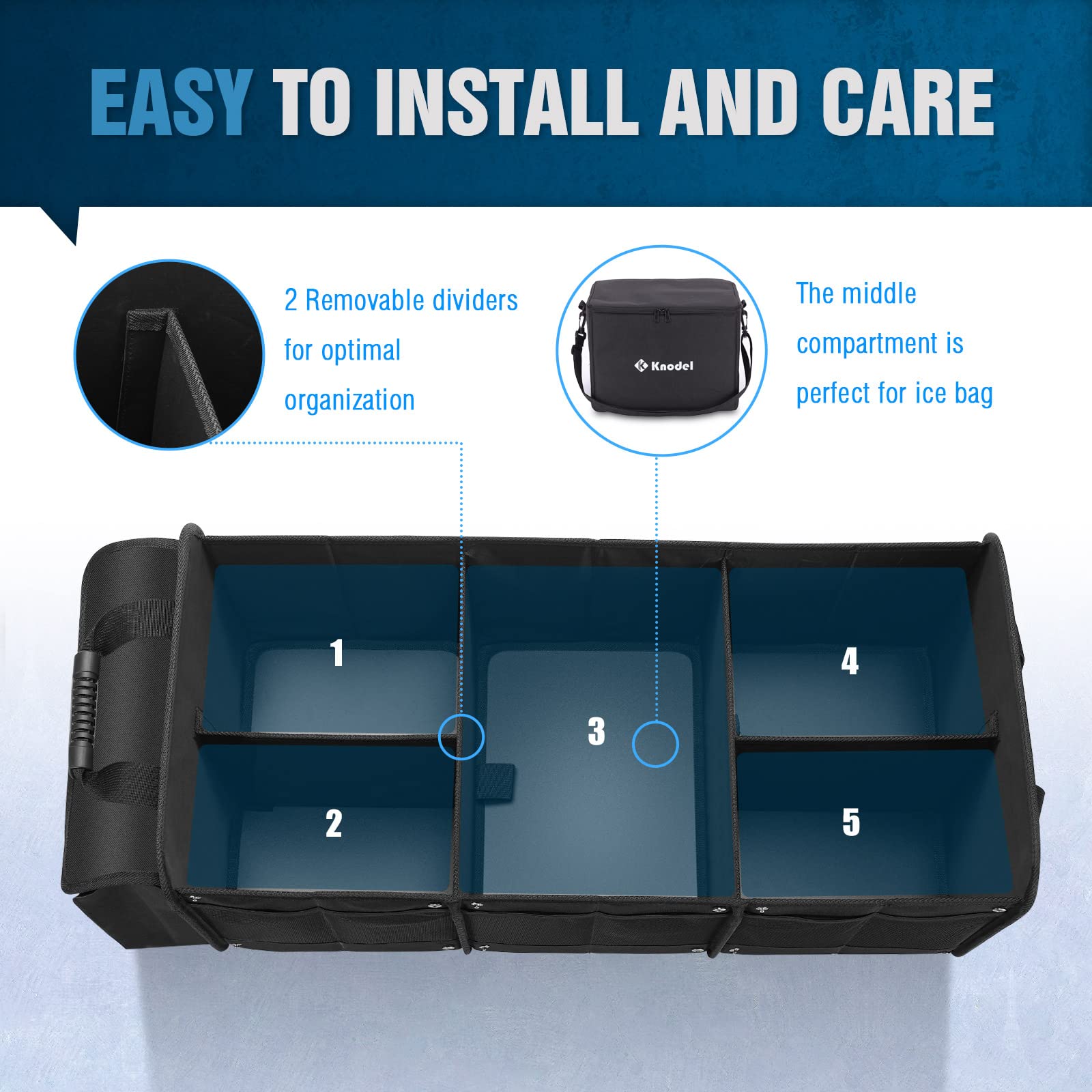 K Knodel Extra Large 3 Compartments Trunk Organizer Heavy Duty For Car, Suv With Cooler Bag, 2 Adjustable Securing Straps (4-In-1, Black)