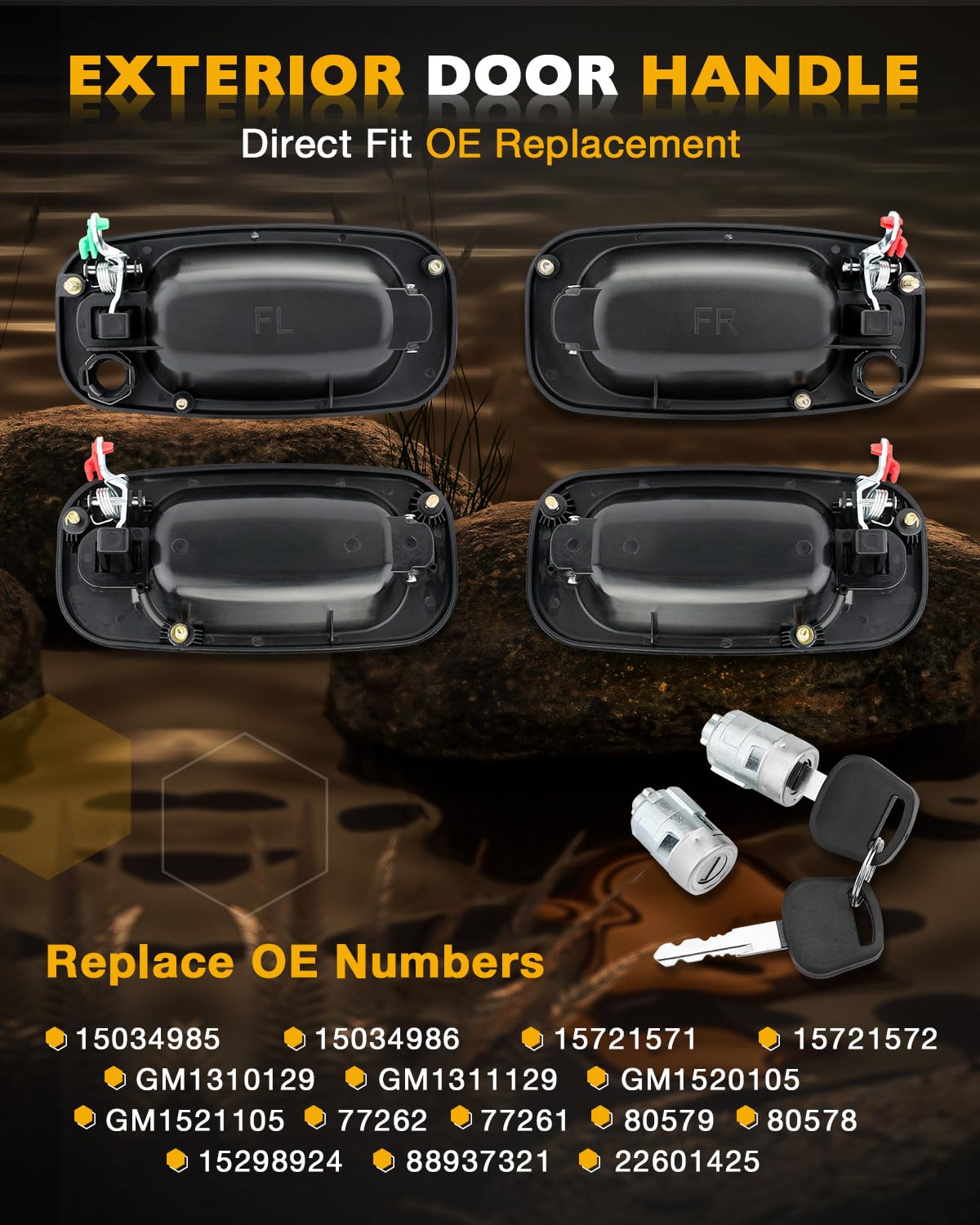 Exterior Door Handle Set (4Pcs), W/Lock Cylinders & Keys, For 1999-2007 Chevy Silverado Suburban Tahoe Avalanche Gmc Sierra Yuko