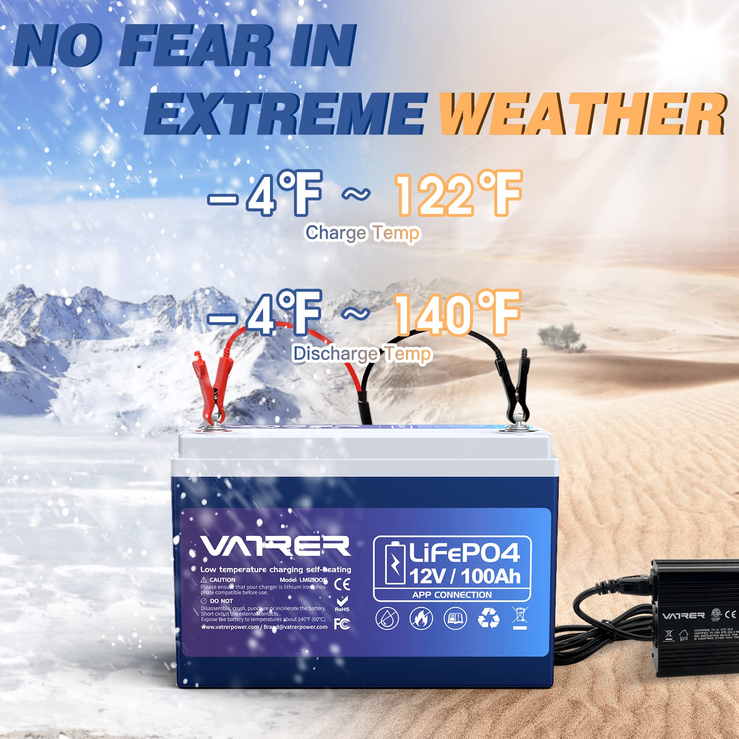 12V 100Ah Bluetooth Lifepo4 Lithium Battery With Self-Heating, Built-In 100A Bms, Supports Low Temp Charging(-4F), 5000+ Cycles,