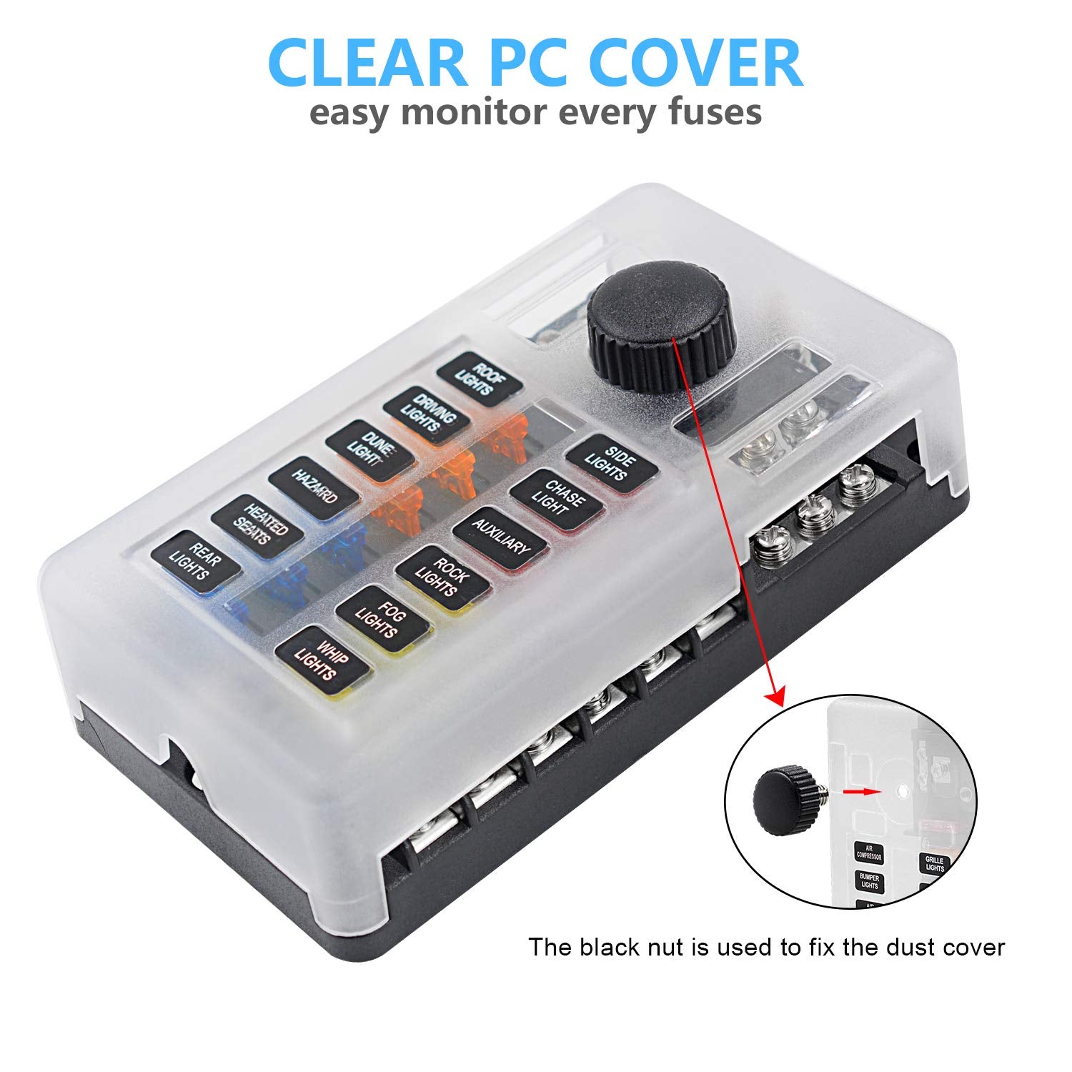 12 Way 12V Fuse Box 12Volt Blade Fuse Block Holder, 12 Circuit W/Negative Bus Waterproof Fuse Box With Led Indicator For 12V/24V