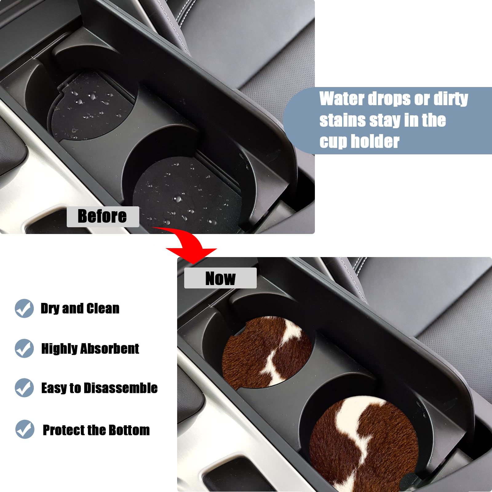 Car Cup Holder Coaster -Cow Hide Brown Absorbent Ceramic Coaster, Car Coasters for Cup Holders, Auto Accessories for Women & Men