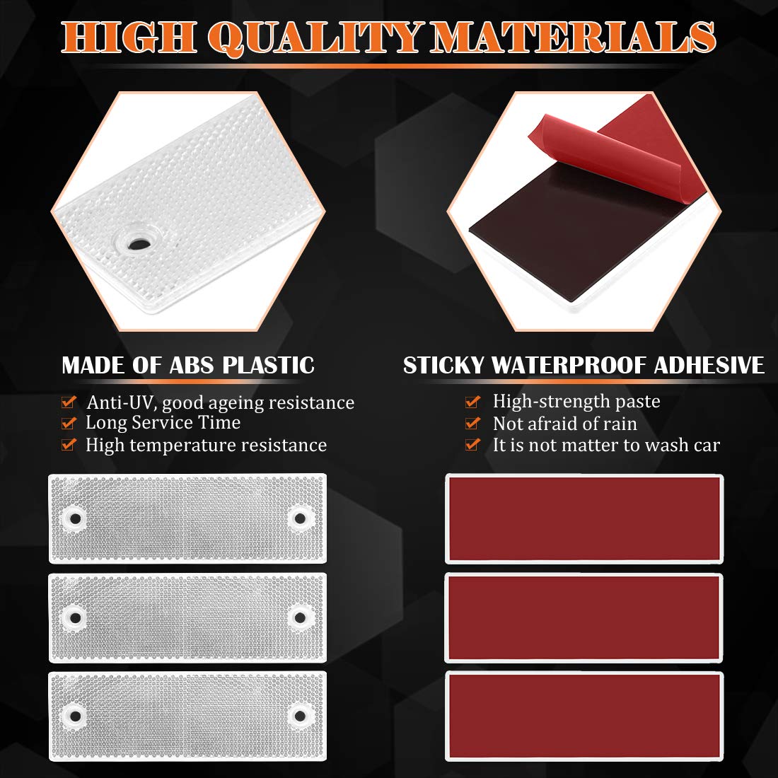 Rustark 50 Pcs White Plastic Rectangular Stick-on Car Reflector Sticker Waterproof Warning Plate Adhesive Reflective with Screw