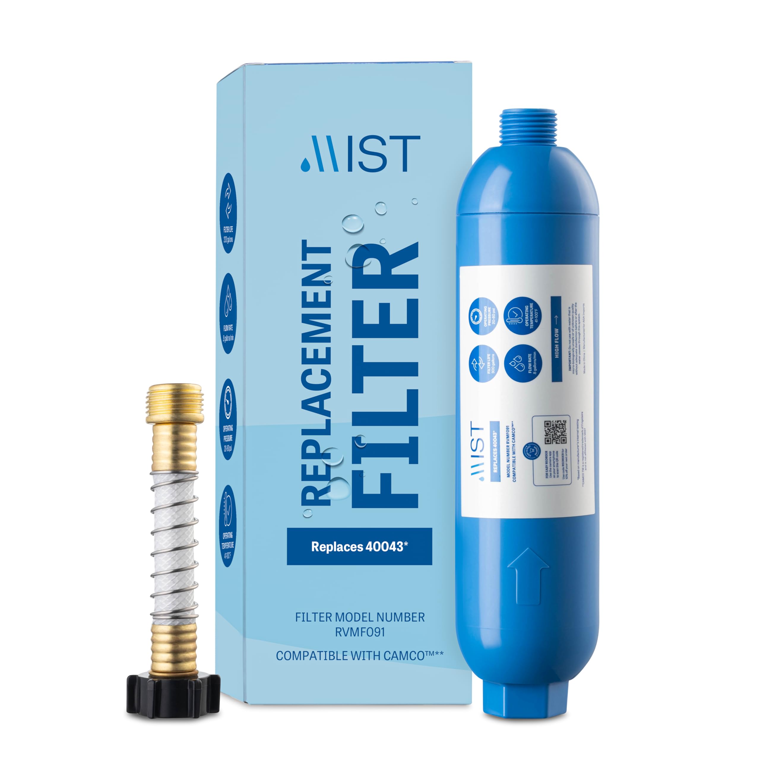 Mist 40043 Replacement for Camco RV Inline Water Filter 40043, 40013, 40041, with Flexible Hose Protector. Reduces Bad Taste, Od