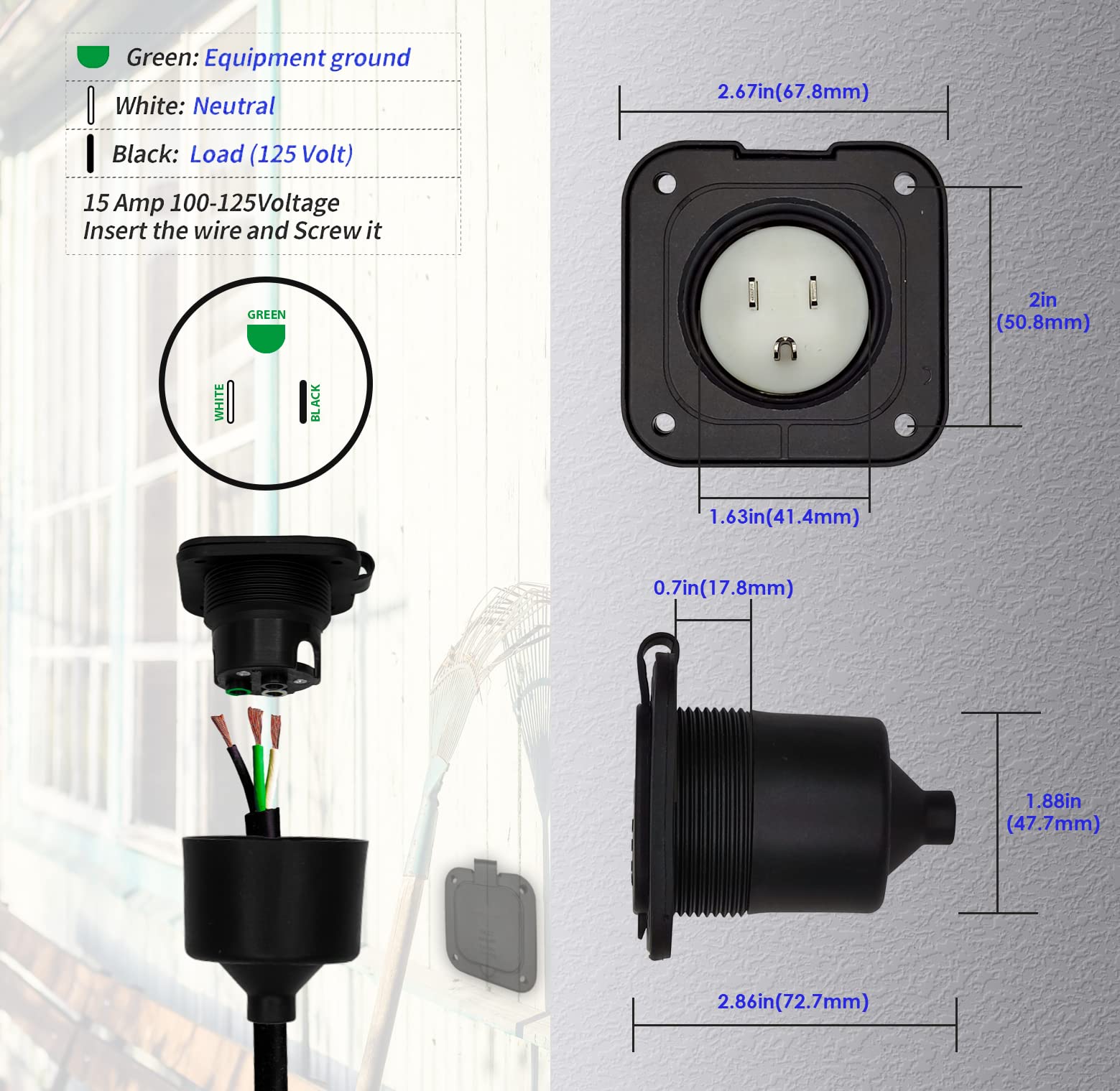 15 Amp Inlet, Shore Power Flanged Receptacle, 15A 125V Recessed Male Outlet, NEMA 5-15 AC Port Plug with Waterproof Covers, Exte