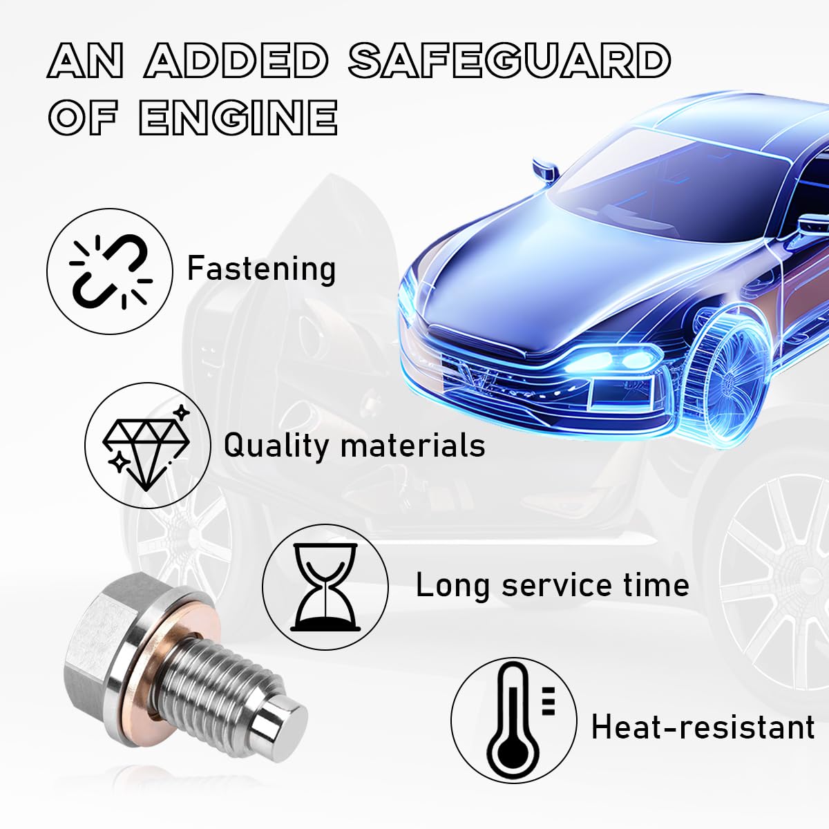 Dickno M12  1.75 Magnetic Oil Drain Plug, Aluminum Stainless Steel Sump Drain Nut Bolt with 5 Copper Crush Washer, Universal Lea