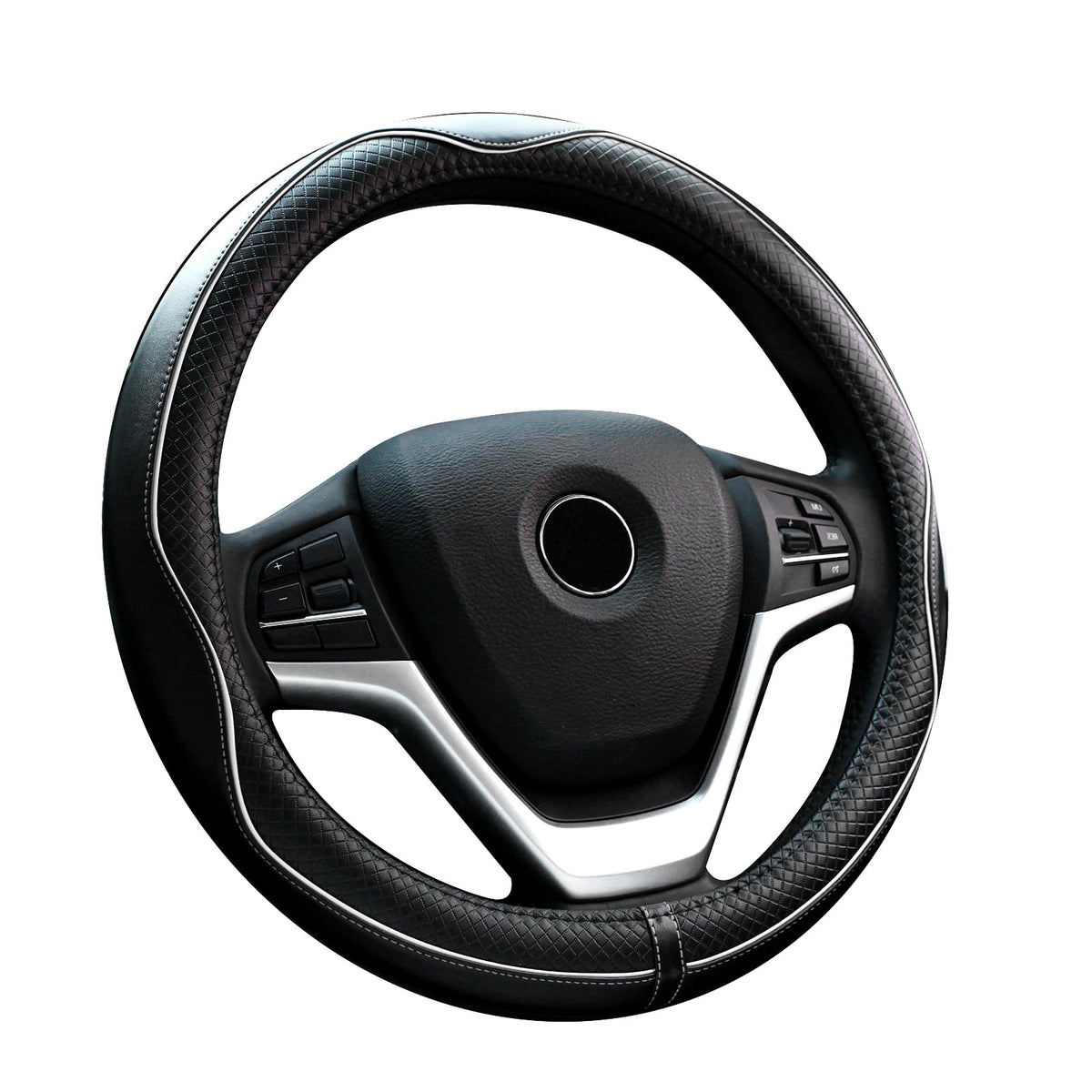Valleycomfy Steering Wheel Covers Universal 15 Inch - Genuine Leather, Breathable, Anti Slip & Odor Free (White Line, M(14 '' 1/