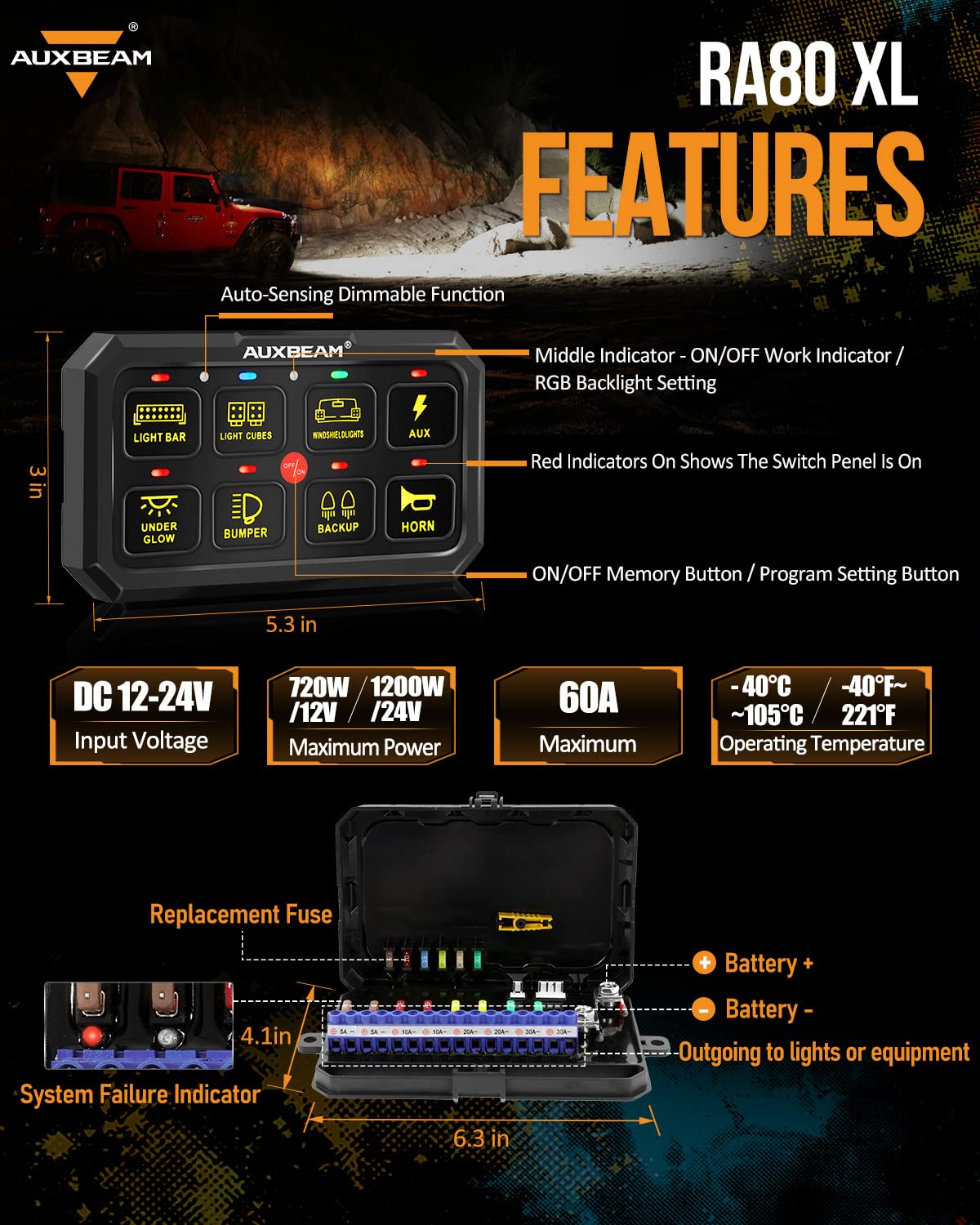 Auxbeam Switch Panel Rgb 5 Inch Large 8 Gang Switch Panel Ra80 Xl, Toggle Momentary Pulsed 12V Switch Panel For Car Truck Suv Rv Camper Van Offroad Accessories Auxiliary Switch Panel, 2 Years Warranty