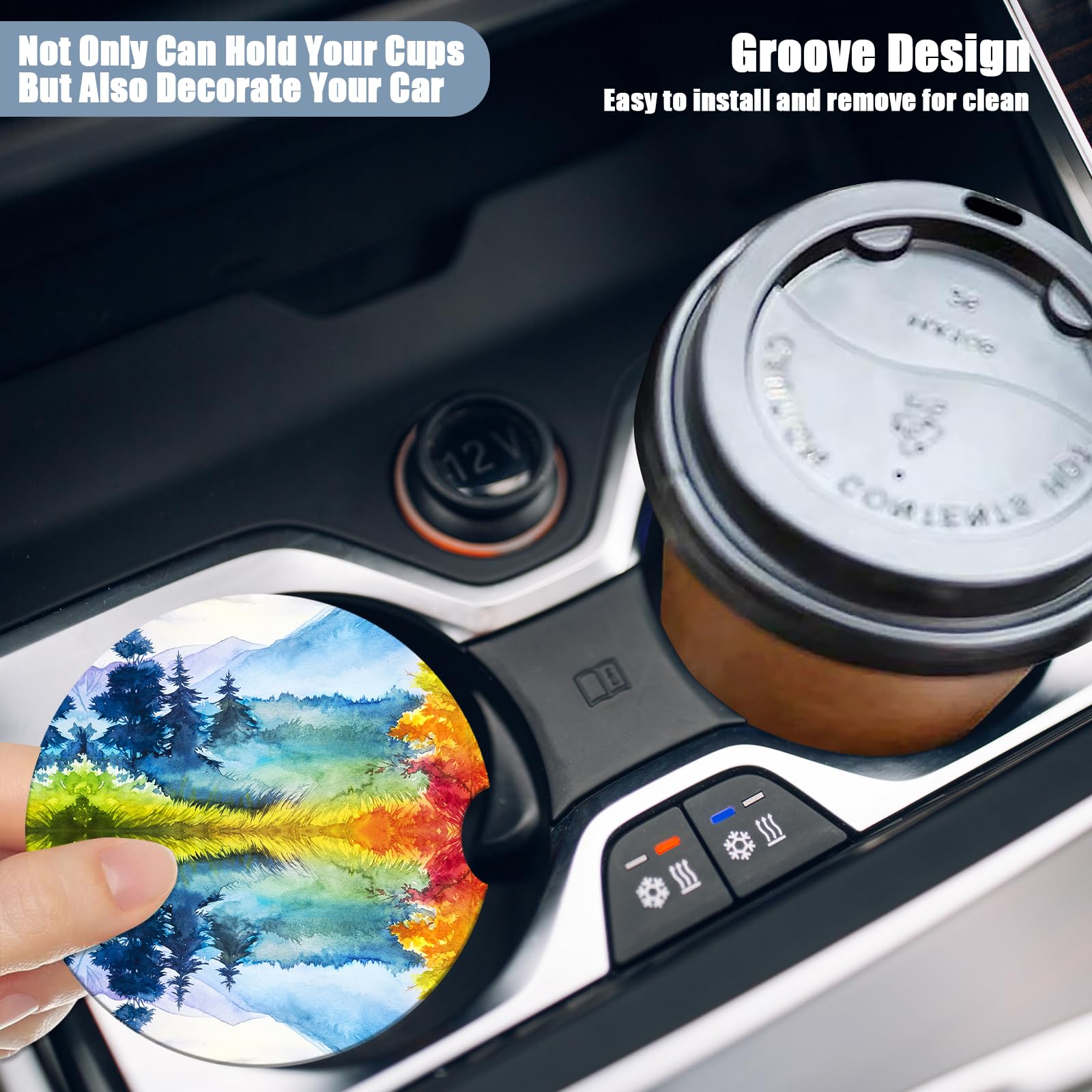 Car Cup Holders Coasters - Autumn Mountains Scenery Sunset Absorbent Ceramic Coaster, Drink Cup Holder Coasters, Auto Interior A