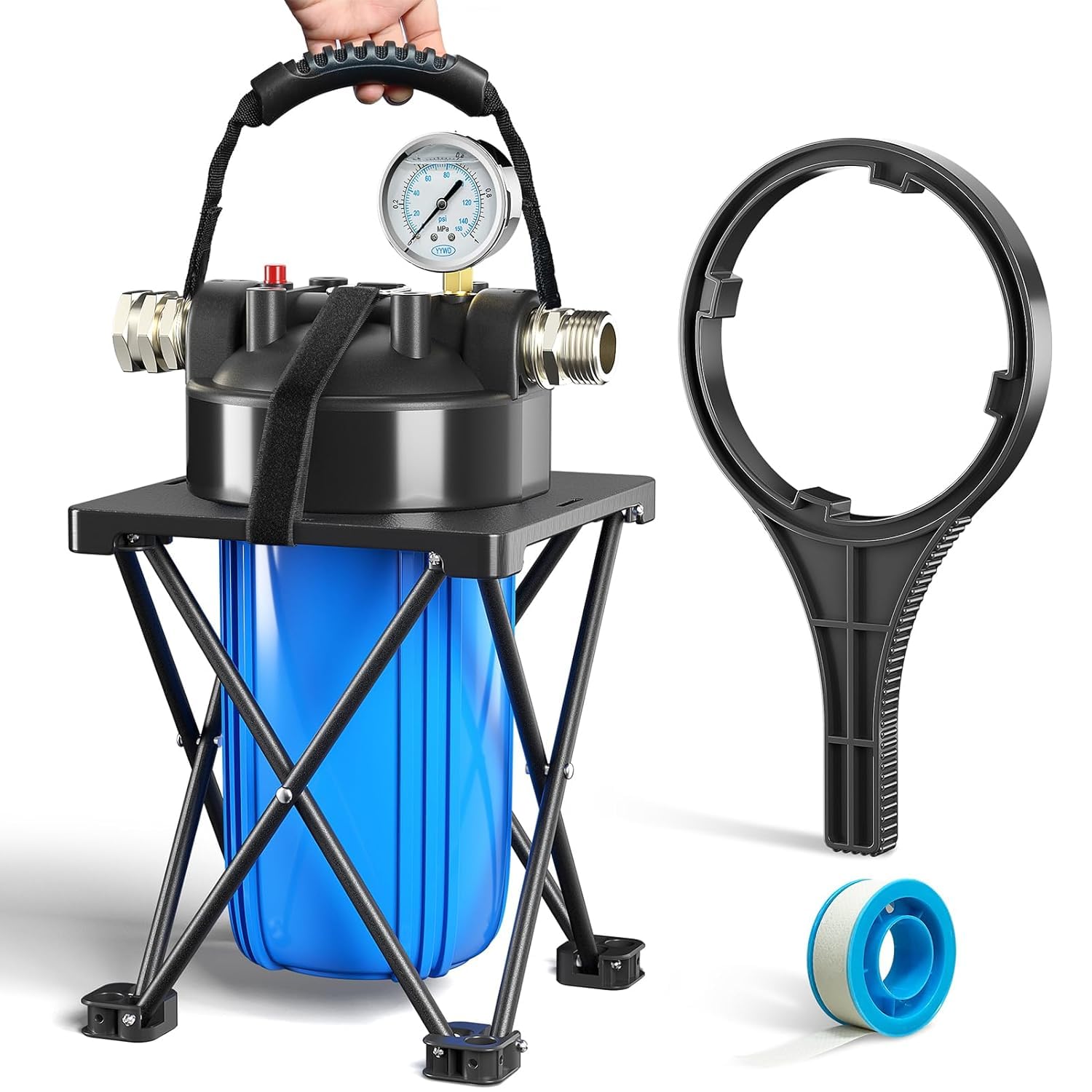 6-Layer RV Water Filter with Stand and Pressure Gauge, 3/4'' GHT Metal Threads Inline Water Filter, Removes Sediments, Chlorine,