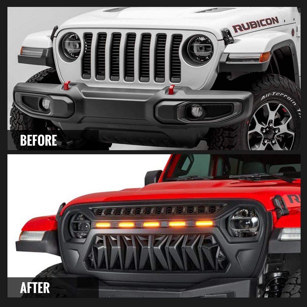 ToxicStorm Mesh Grille Front Grill Cover Matte Black with Amber LED Running Lights for 2018 and Up Jeep Wrangler JL JLU JT Gladi