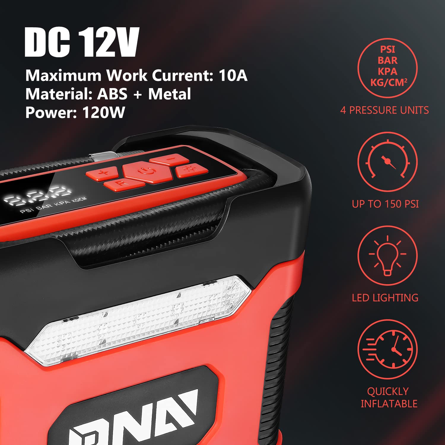Dna Motoring Tools-00210 Red 12V Dc Digital Tire Inflator Portable Air Compressor With Pressure Gauge For Cars, Bicycles, Motorc