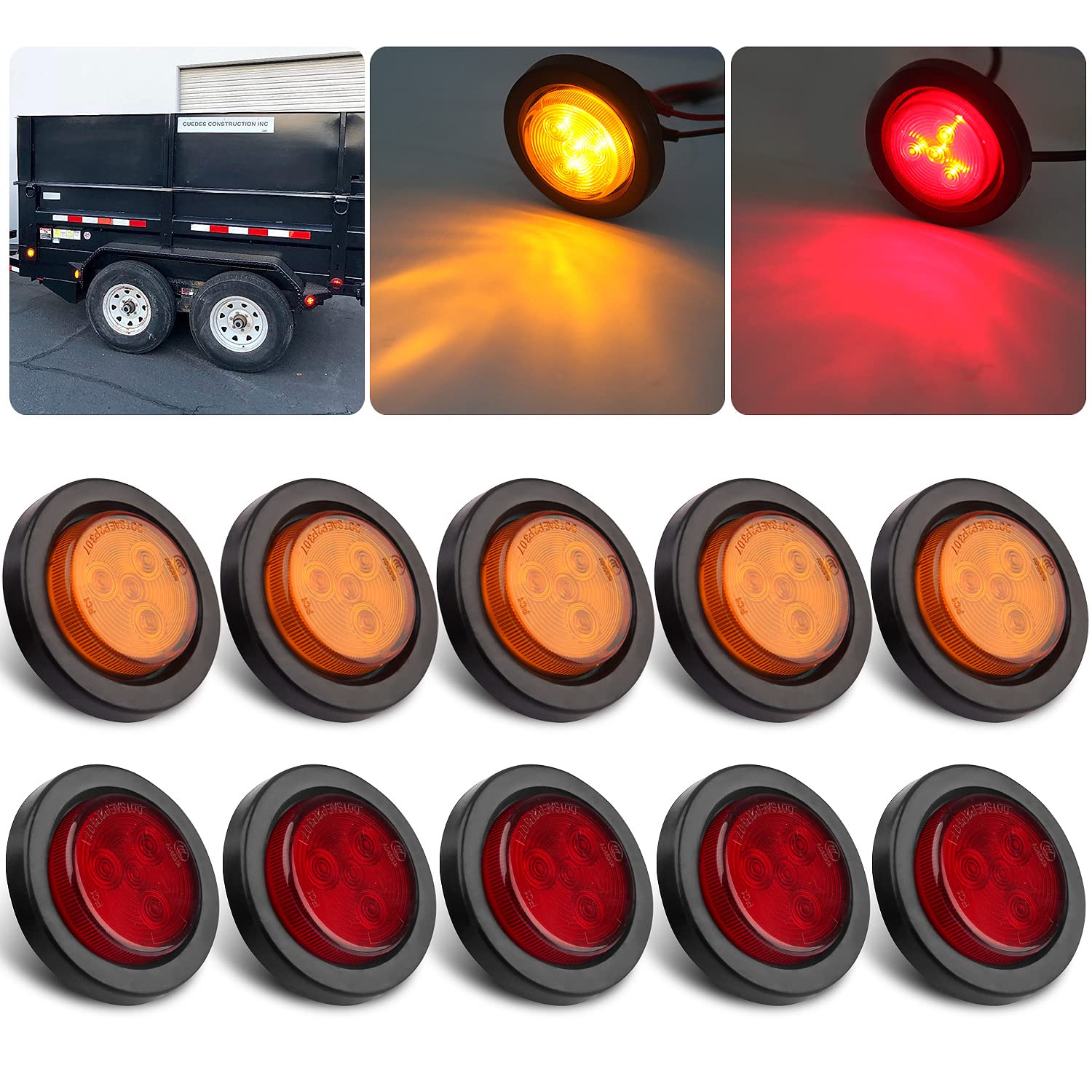 10Pcs 2 Inch Round Led Marker Lights, 2 Inch Round Trailer Led Side Marker And Clearance Marker Lights 4 Led Sealed Flush Mount