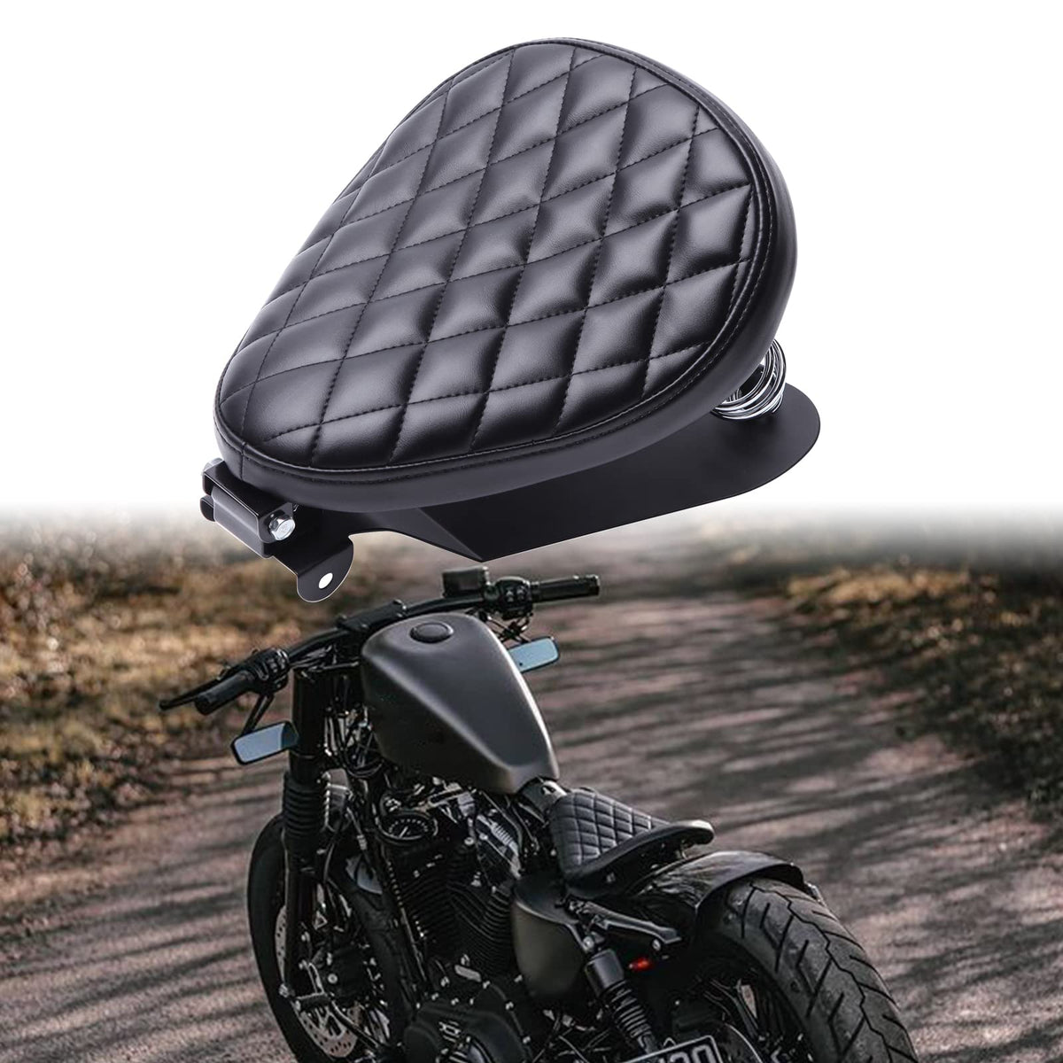 DREAMIZER Motorcycle Seat Cushion Driver Solo Seats with Spring Bracket PU Leather Compatible with Harley Honda Yamaha Kawasaki 