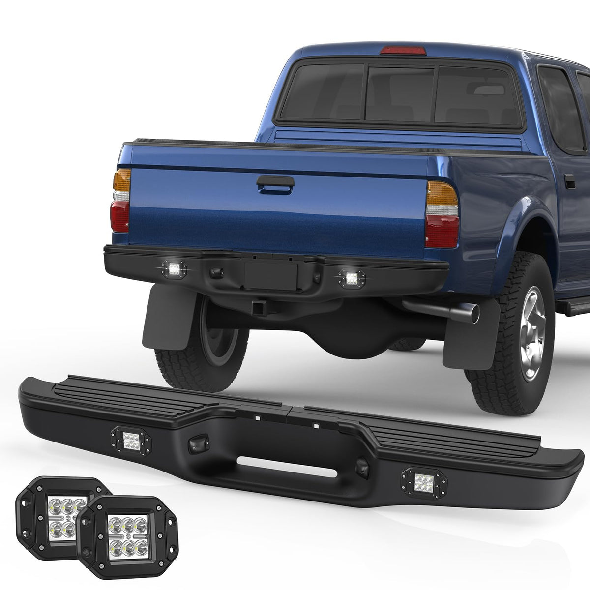 KUIPERAUTO Black Rear Step Bumper Assembly Compatible for 1995-2004 Toyota Tacoma Pickup with LED Square Light Steel Complete Ba