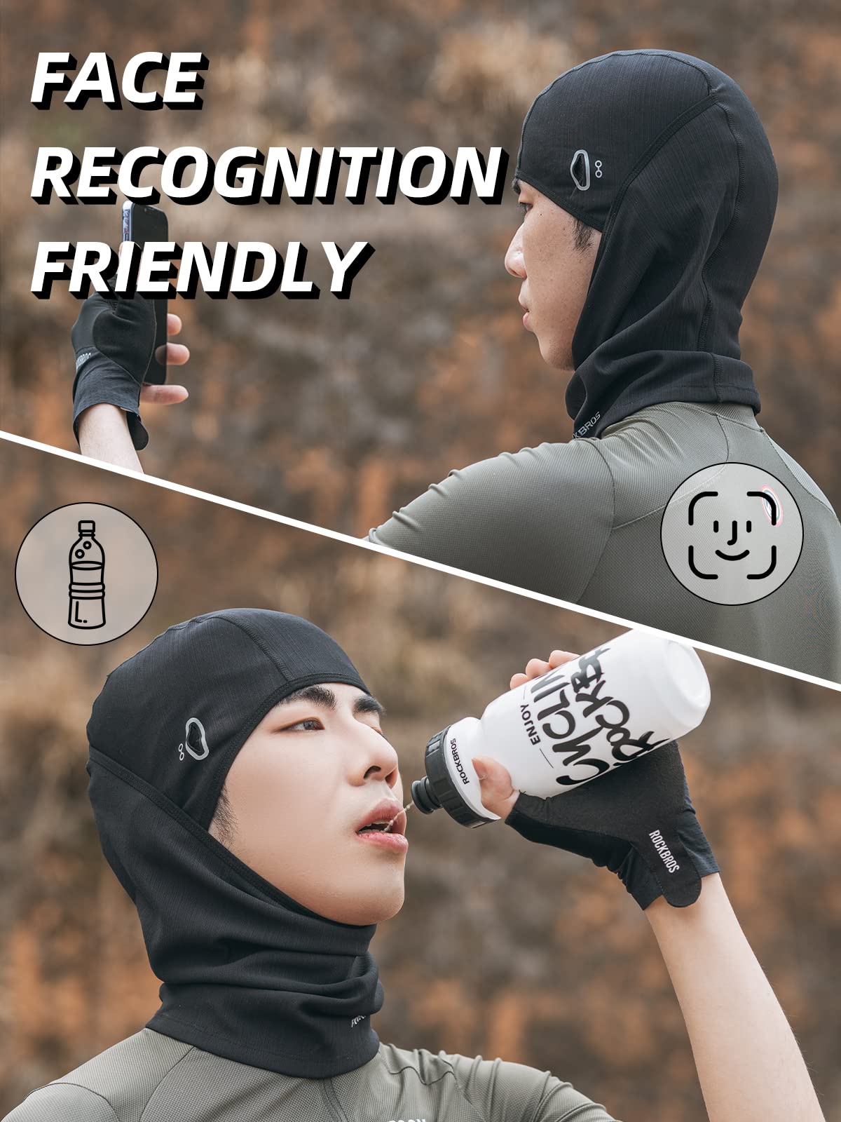 ROCKBROS Black Balaclava Face Mask - Thin Summer Cooling Neck Gaiter, UV Protection, Breathable Helmet Liner for Motorcycle & Bicycle, Medium-Large