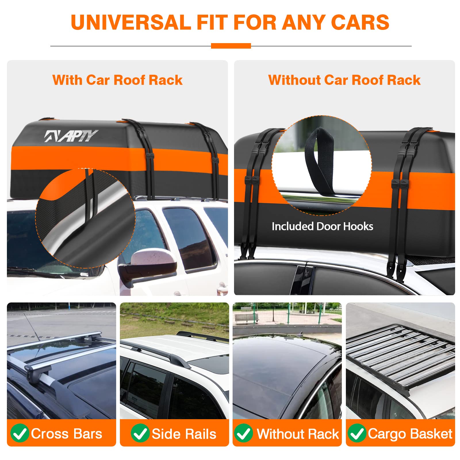 APTY Car Rooftop Cargo Bag Carrier, 16 Cubic Feet Soft Roof Top Luggage Bag for All Vechicles with/Without Racks - with Waterpro