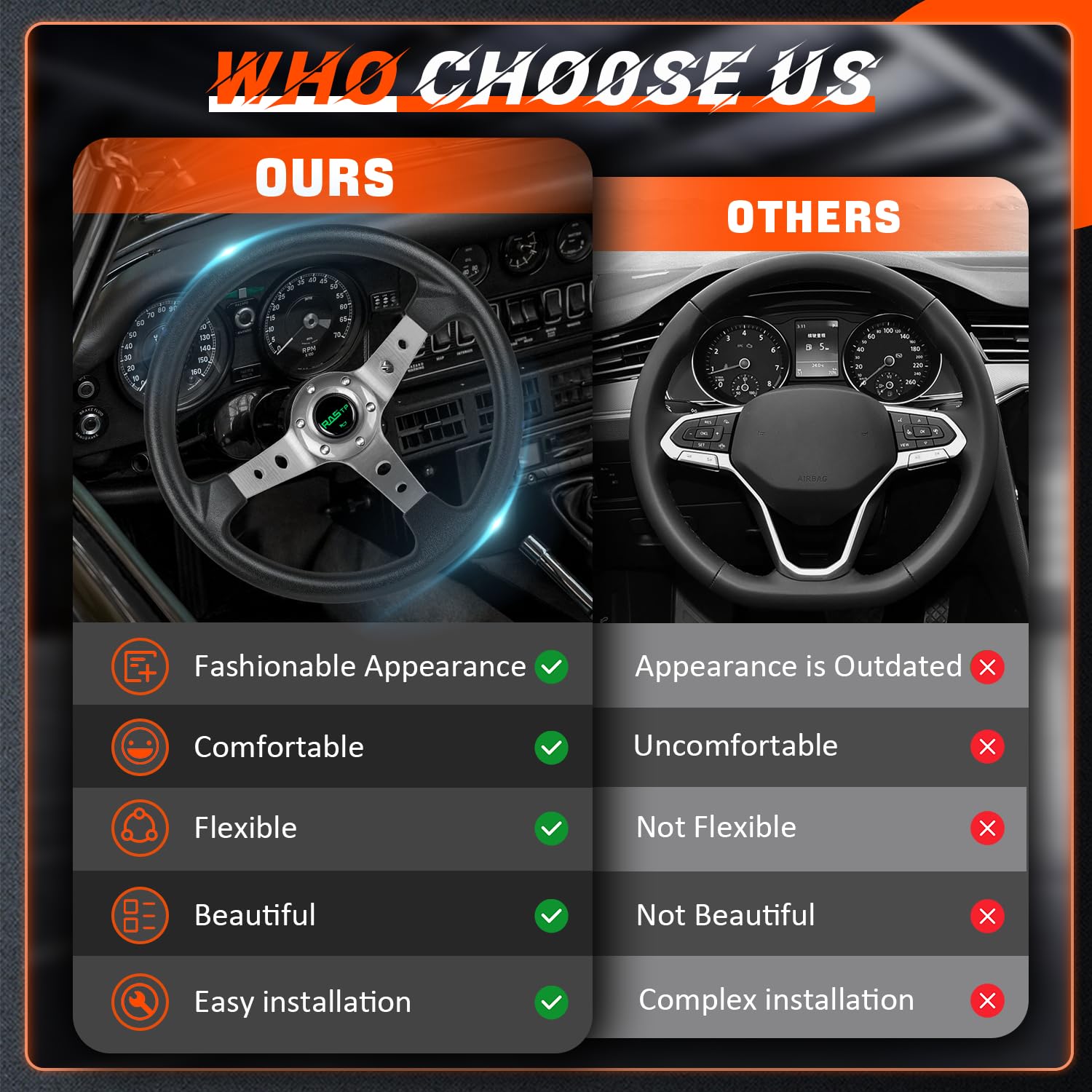 Rastp Universal Drifting Deep Dish Racing Steering Wheel 13.8   /350Mm 6 Bolts Grip Pu Foaming Material & Aluminum With Horn But