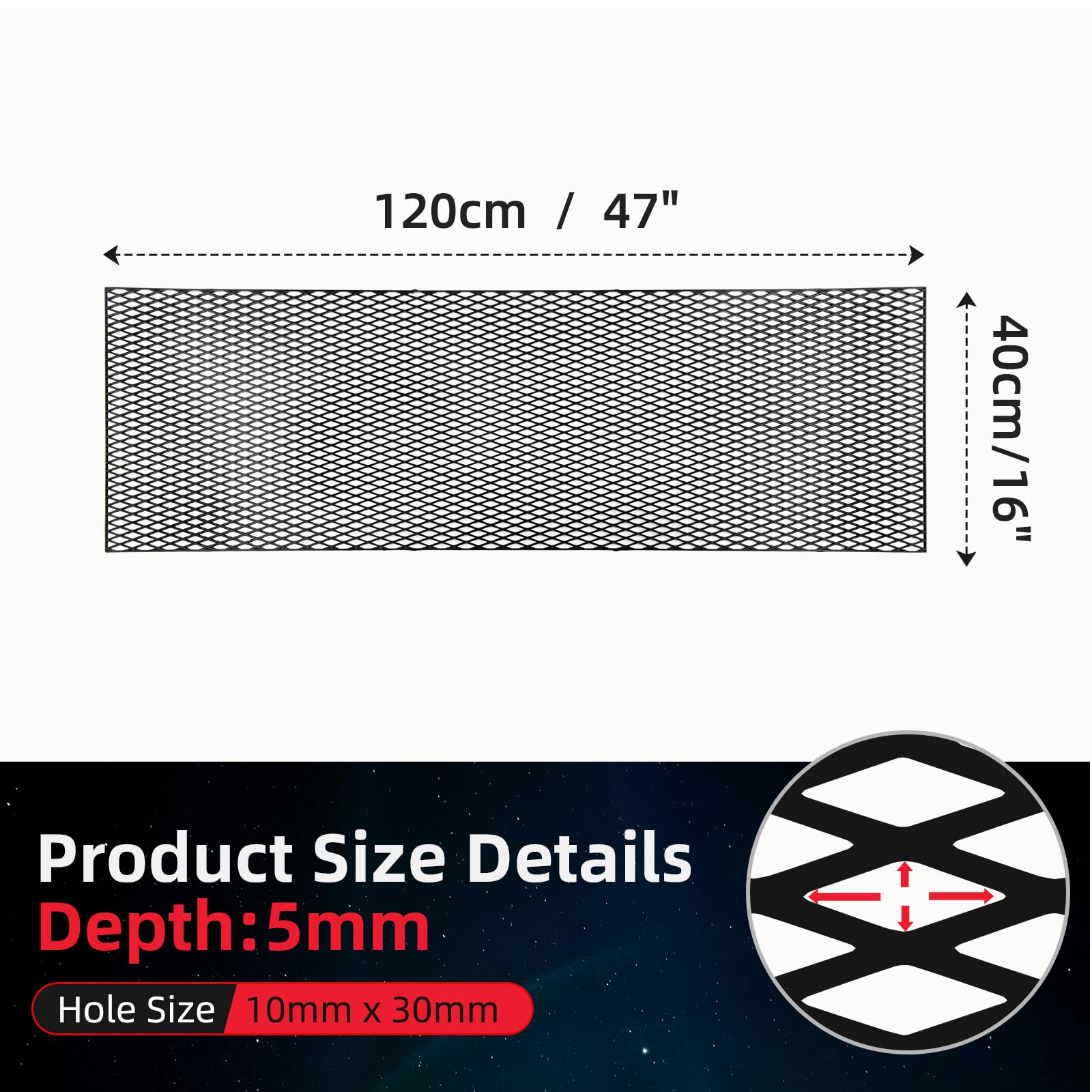 Aggauto 47'X16' Abs Plastic Universal Car Grill Mesh, Automotive Grille Insert Bumper Rhombic Hole 10X30Mm Grids Black
