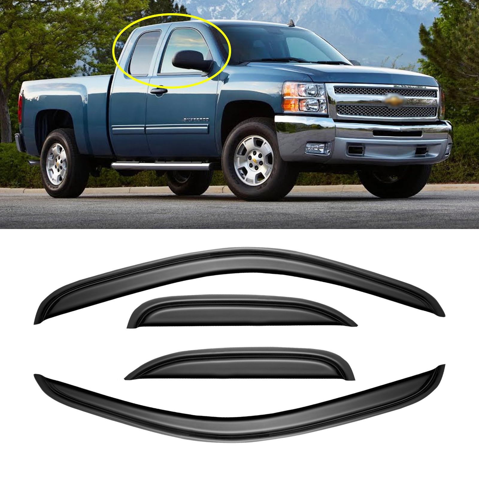 Window Rain Guards For 2007-2013 Chevy Silverado & Gmc Sierra 1500 For Extended Cab, Window Visor Vent Wind Shade Deflector Shie
