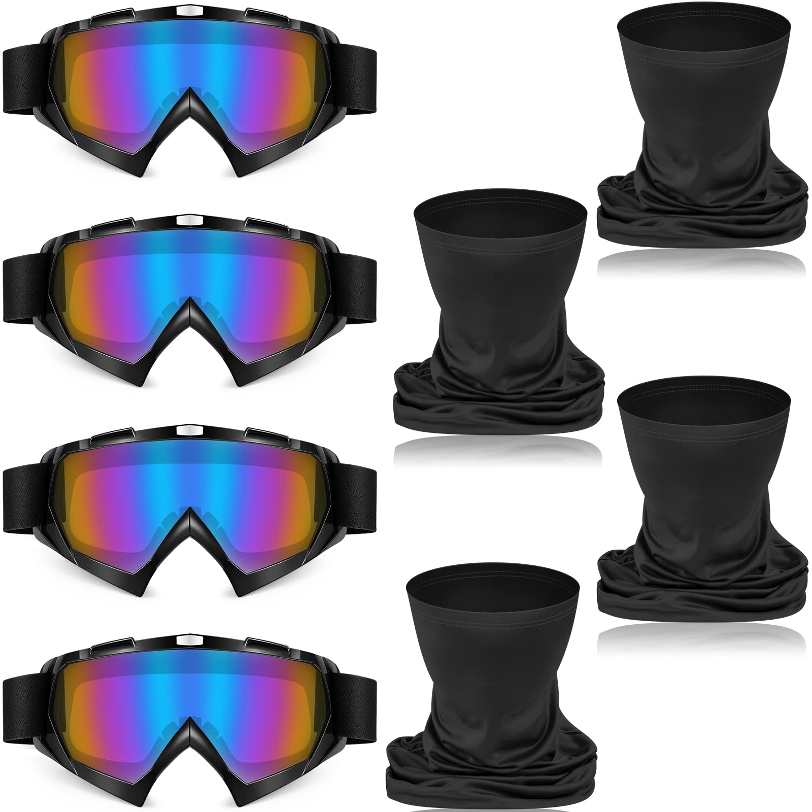 Tallew 4 Pcs Motorcycle Dirt Bike Goggles For Men Women Windproof Adjustable Atv Goggles And 4 Pcs Neck Breathable Face Cover(Bl