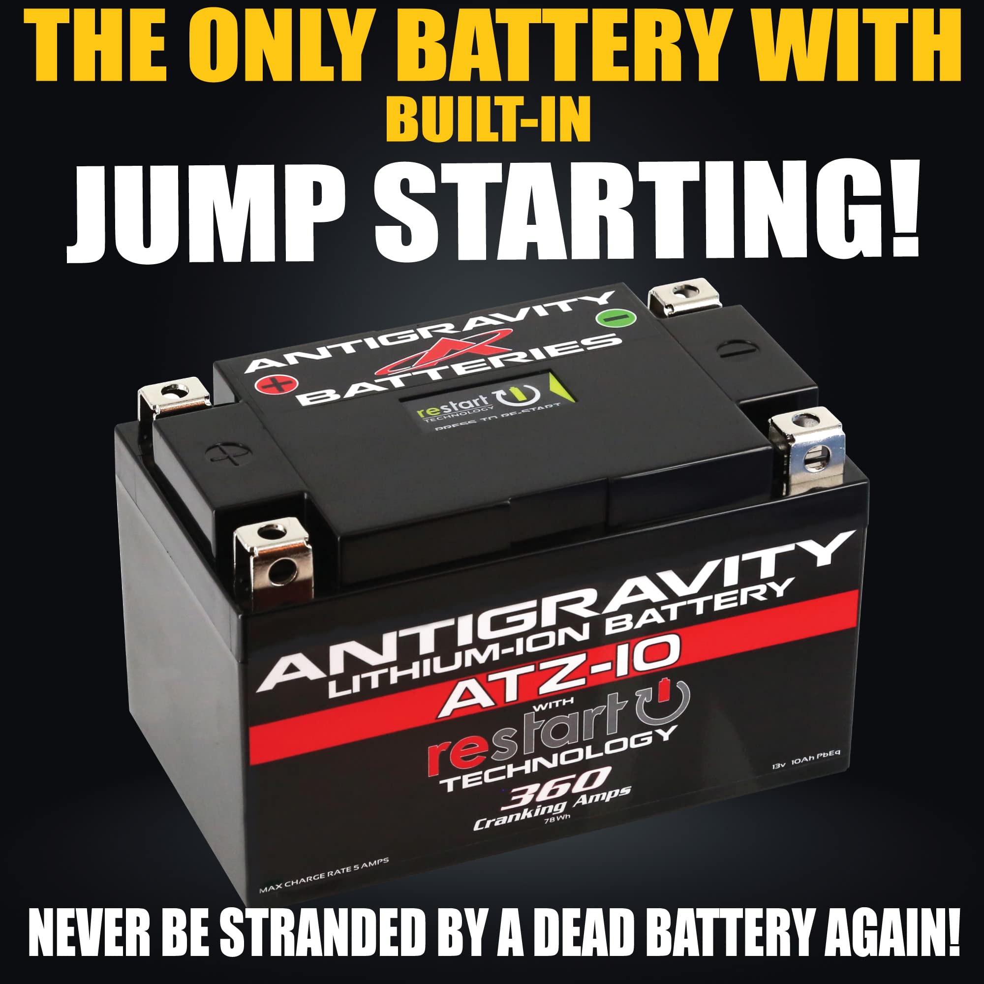 Antigravity ATZ-10 Lithium Motorcycle Battery with Jump Start, 6.1Ah - Replaces YTZ10, YTZ12, YTX7A, YTX9 - For Yamaha