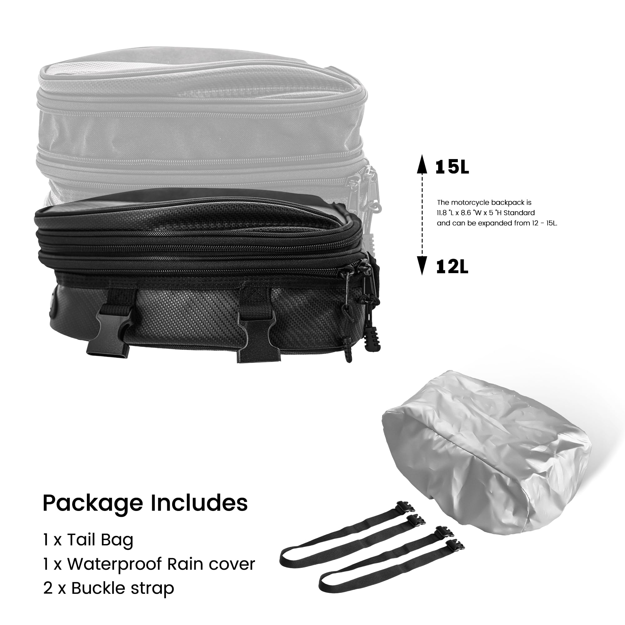 E-riding Motorcycle Tail Bag, 12L-15L Expandable Waterproof Motorbike Rear Seat Luggage Bag for Most Motorcycle Dirt Pit Street