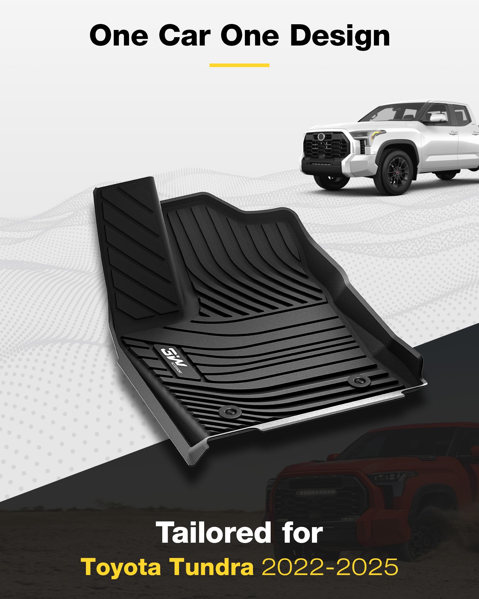 3W Floor Mats & Front Carpets Fit 2022-2025 Toyota Tundra (Only For Crewmax Cab), Custom Fit All-Weather Tpe Front & Rear Row Fl