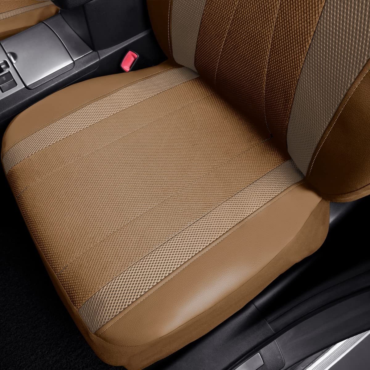 Flying Banner Car Seat Covers Full Set Faux Leather Air Mesh Breathable Man Lady Airbag Compatible Rear Bench Split 40/60 50/50 60/40 Truck Pick Up (Full Set - Low Back, Solid Beige)