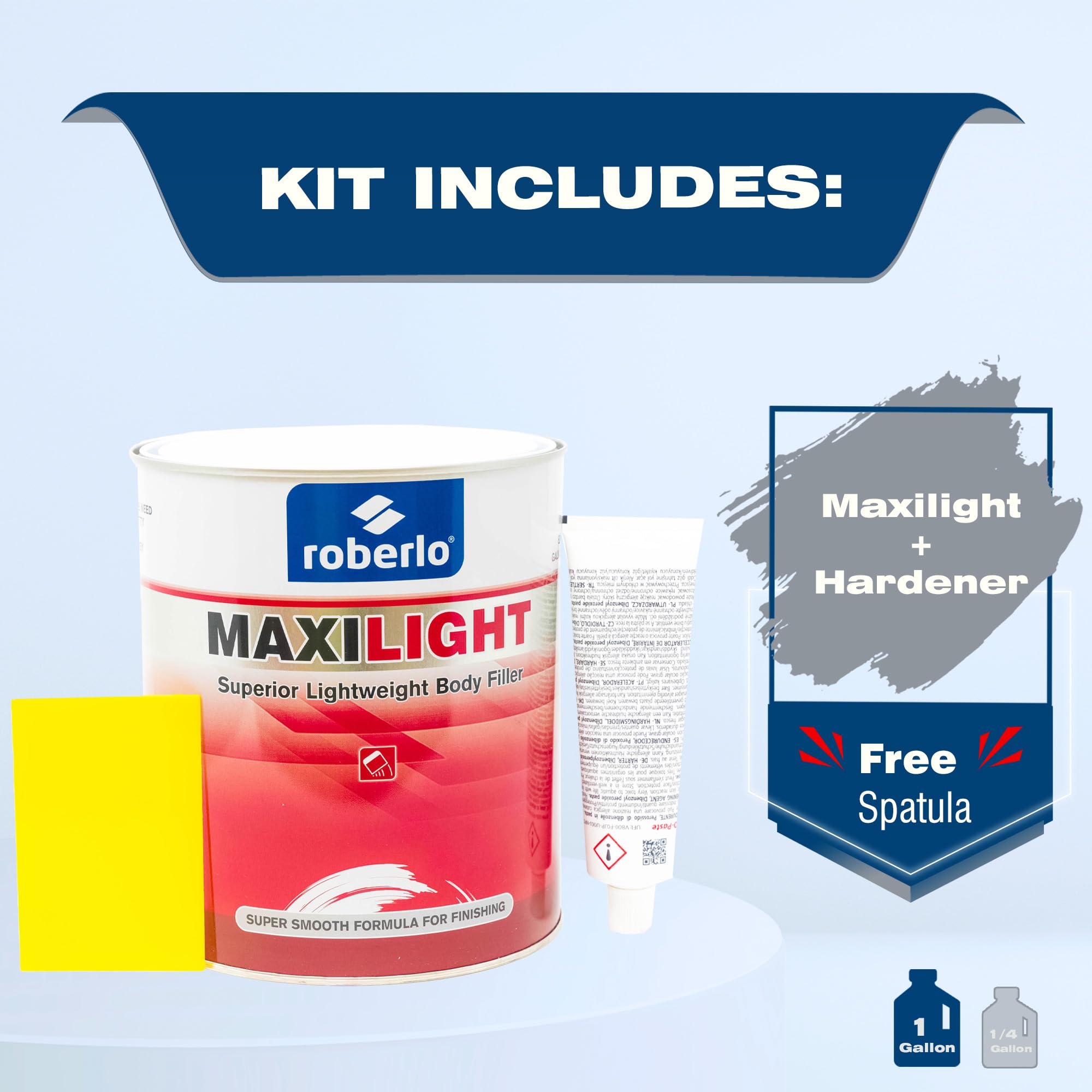 Roberlo Maxilight Superior Lightweight Auto Body Filler - Easy Application, Super Smooth Self-Leveling Formula, Creamy Texture, Ideal For Large Area Repairs, Dents, Dings, Holes, Scratches & Rust