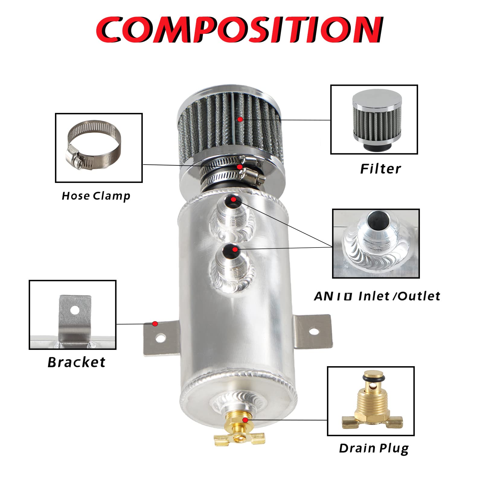 Poseng Universal 10An Oil Catch Can Tank Baffled 750Ml With Filter Aluminum Silver Htracing