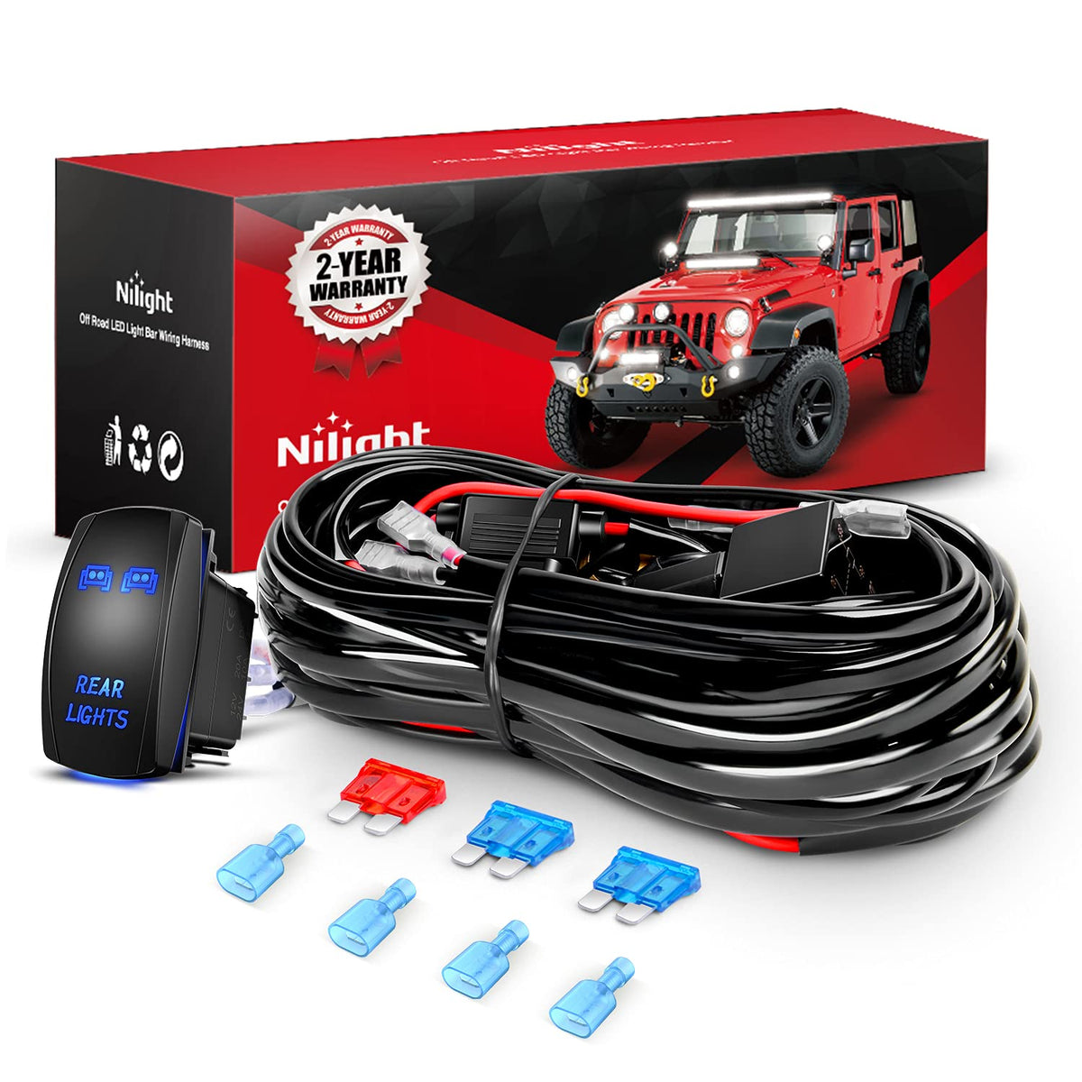 Nilight - 10012W Led Light Bar Wiring Harness Kit Rear Lights 12V 5Pin Rocker Switch Laser On Off Waterproof Switch Power Relay Blade Fuse-2 Lead,2 Years Warranty Black
