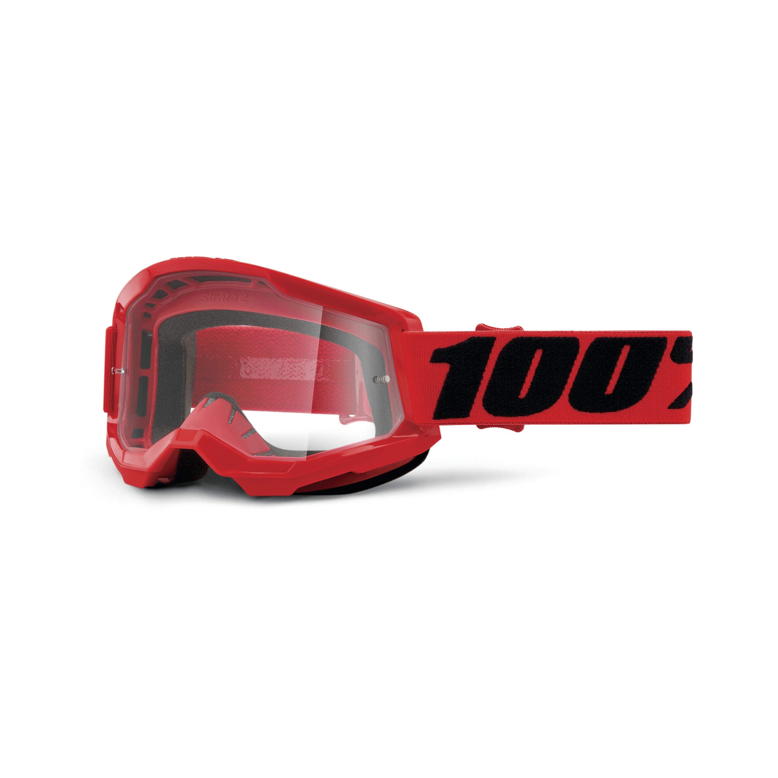 100% Strata 2 Motocross & Mountain Bike Goggles - Mx And Mtb Racing Protective Eyewear (Red - Clear Lens)