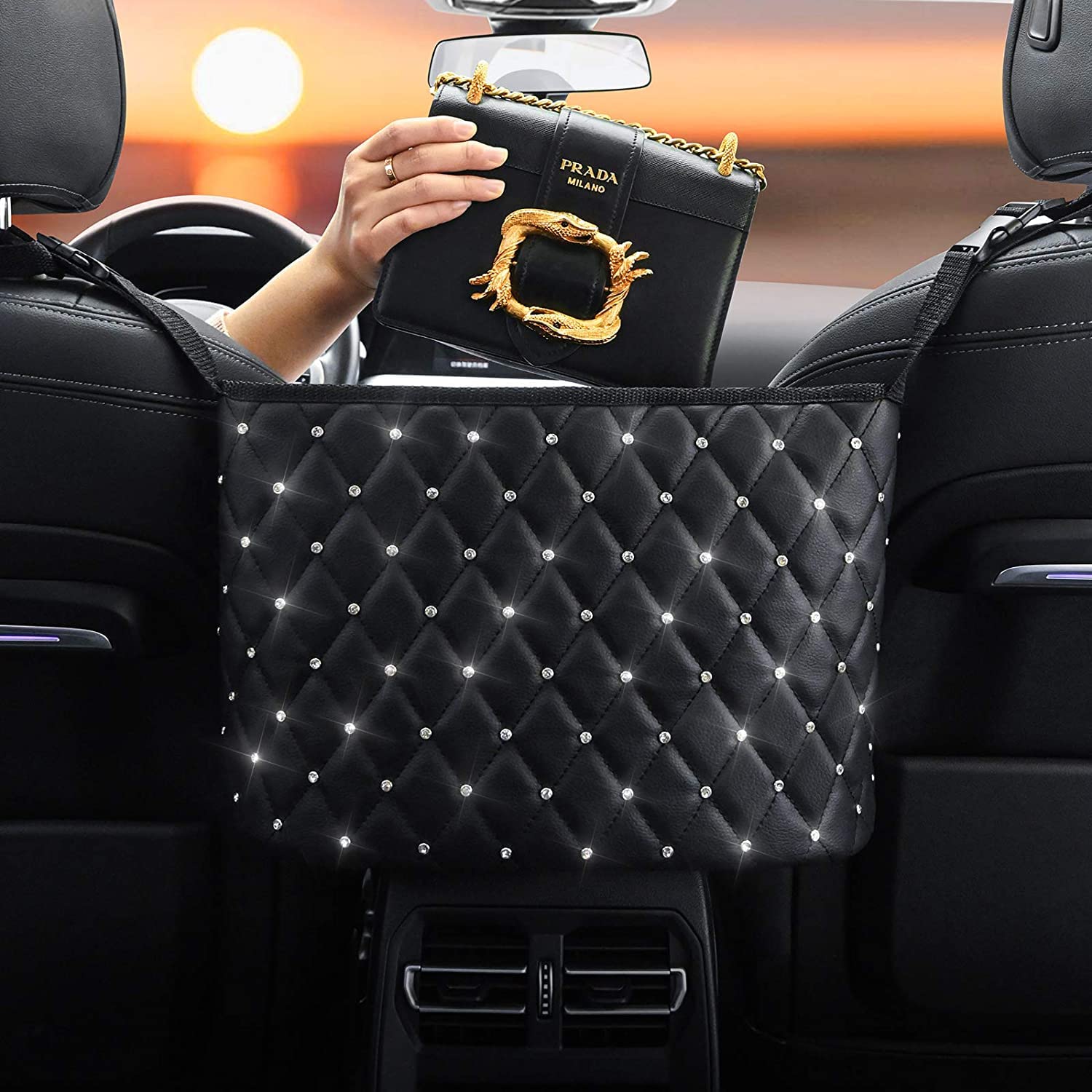 Maylai Purse Holder For Car Durable Pu Leather Car Net Pocket Car Seat Storage Net Handbag Driver Storage Netting Pouch Seat Back Net Bag Backseat Pet Kids Barrier (Black With Diamond)