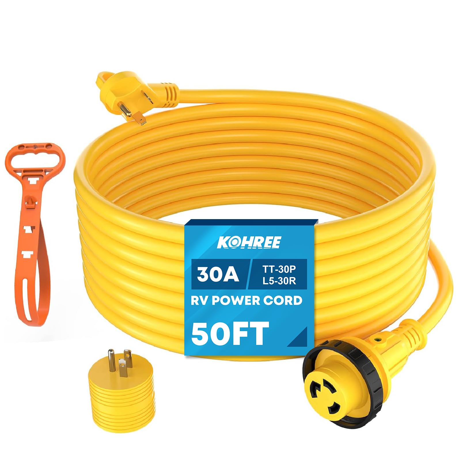 Kohree 30 Amp Rv Power Extension Cord 50 Ft With Grid Handle Heavy Duty, 30M/30F 90 Degree Locking Adapter, Led Indicator & 15M/