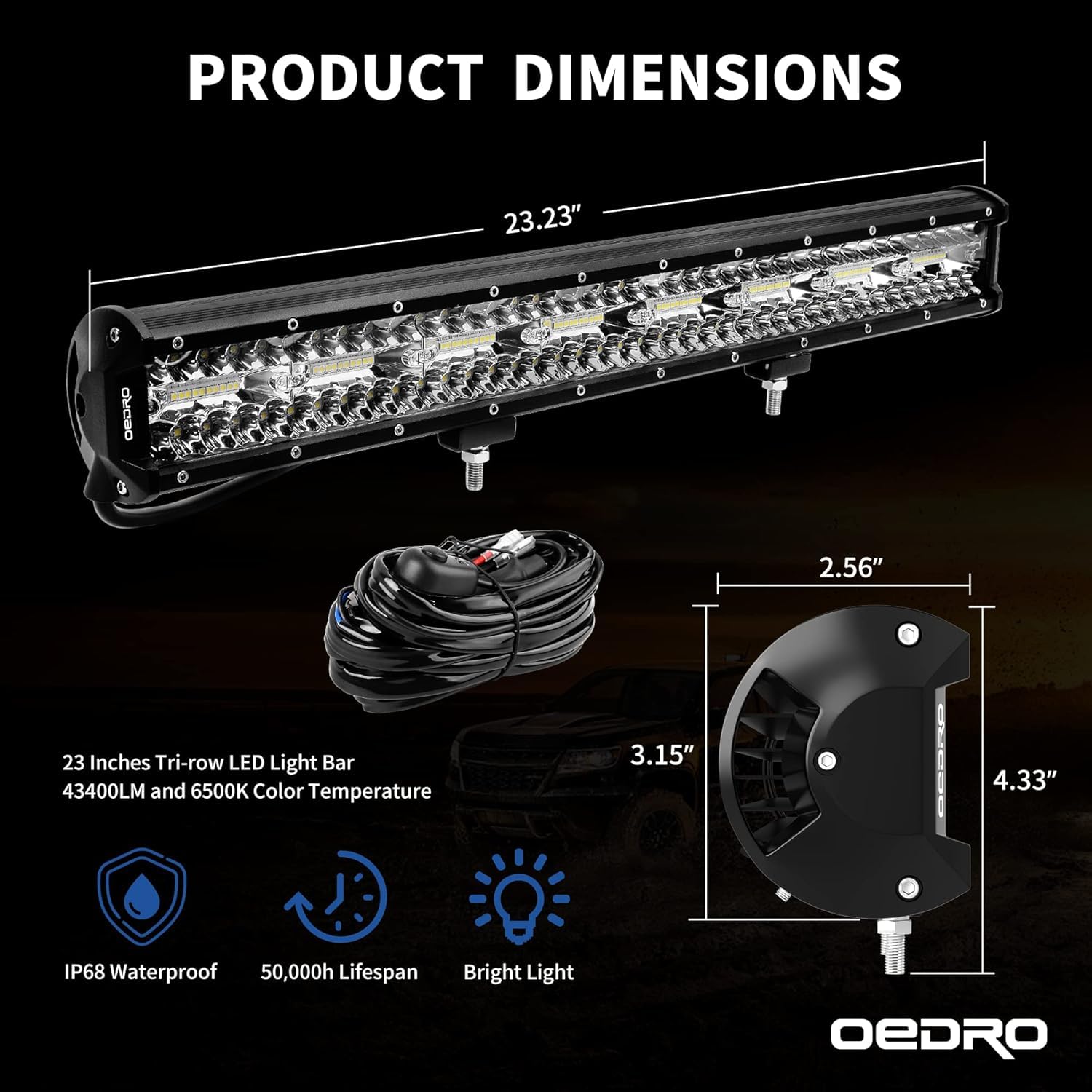 Oedro Led Light Bar 23 Inch 552W, Tri-Row Spot Flood Combo Led Driving Light 43400Lm + Wiring Harness, Ip68 Off Road Lamp Fit Fo