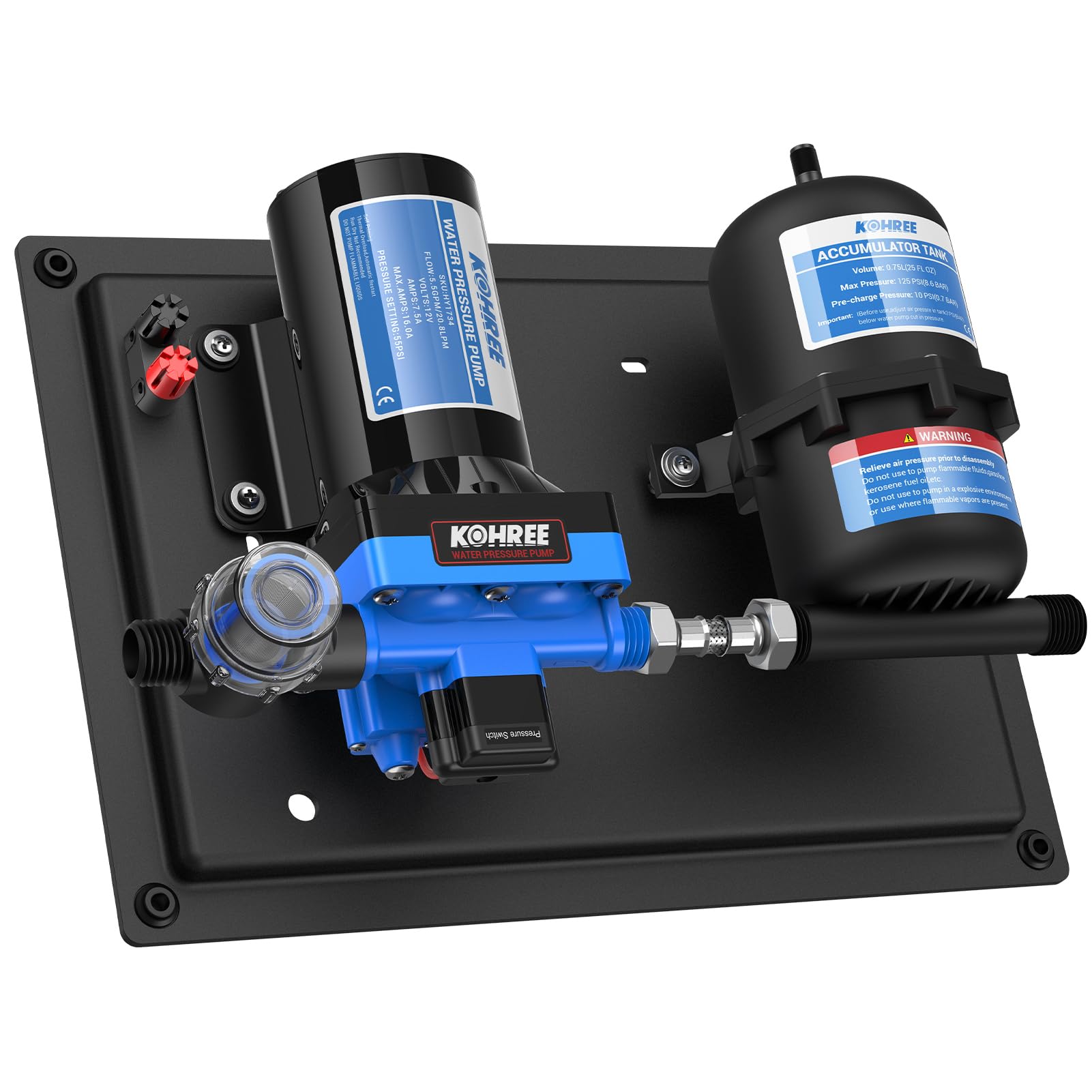 Kohree Rv Water Pump 12V Dc 5.5Gpm 55Psi And 0.75L 125Psi Pre-Pressurized Accumulator Tank, Quiet Rv Water Pump And Accumulator