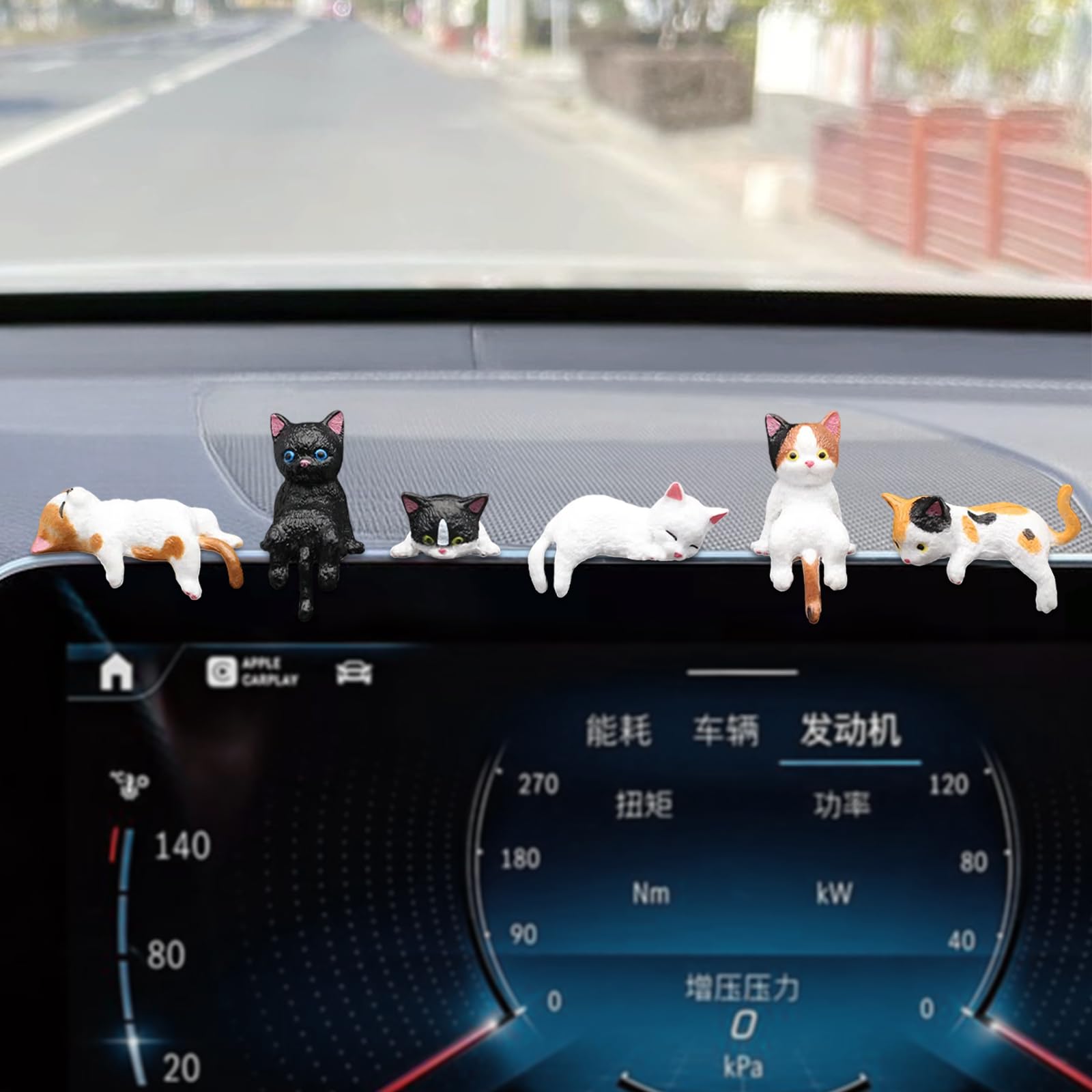 Cat Car Dashboard Decor Rear View Mirror Accessories, Set of 6 Mini Cats Cute Car Decorations Interior, Computer Monitor Figurin