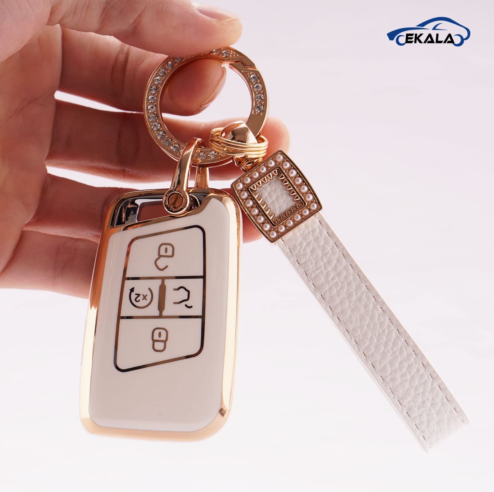 EKALA for Volkswagen Key Fob Cover with Leather Key Fob Keychain, 4 Buttons Soft TPU Keys Shells Girly White Key Fob Cover Compa