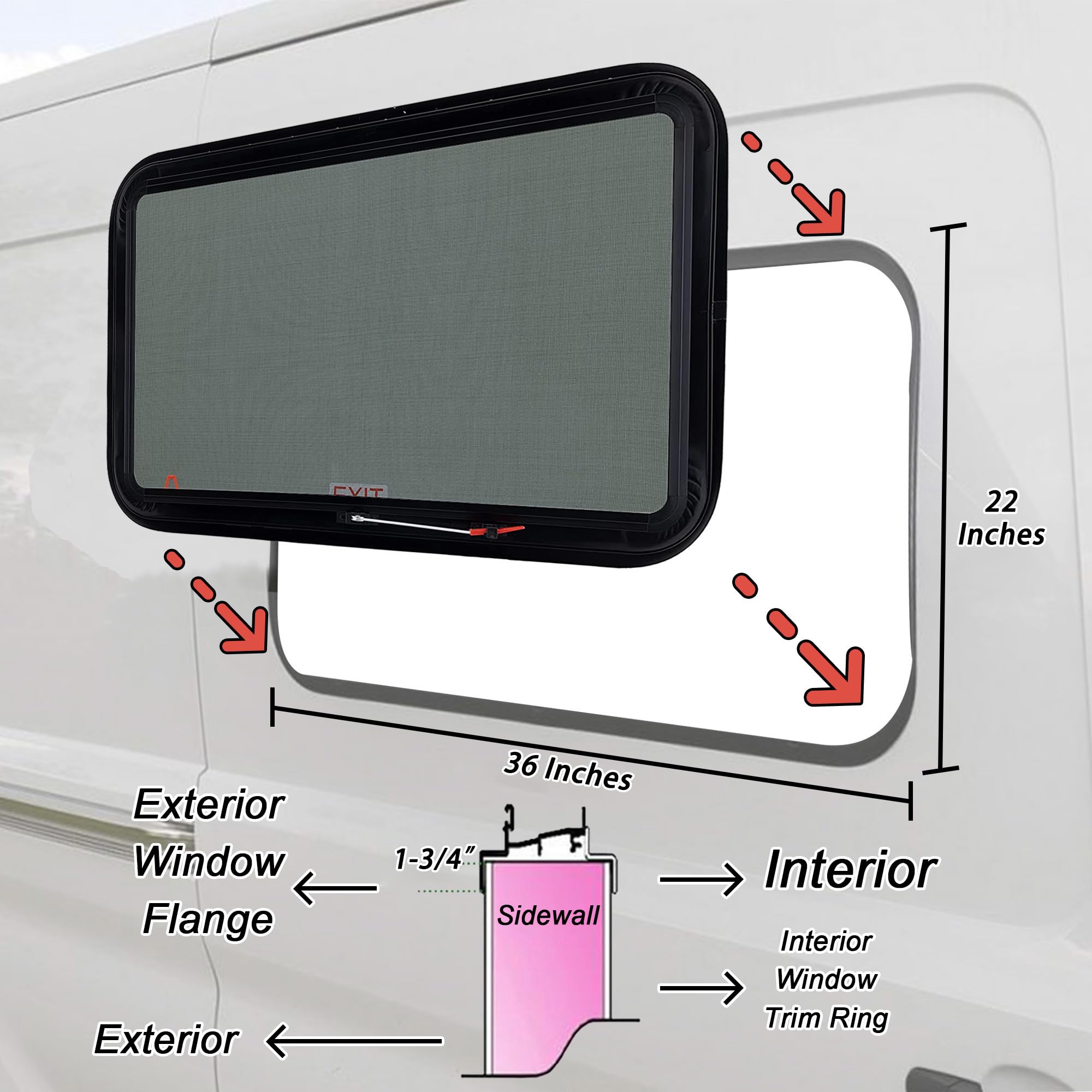 Aucuda Aluminum Rv Emergency Exit Window 36''X22'' Dot Certified - Tempered Glass With Screen & Trim Kit, 1-3/4'' Wall, Pop-Out