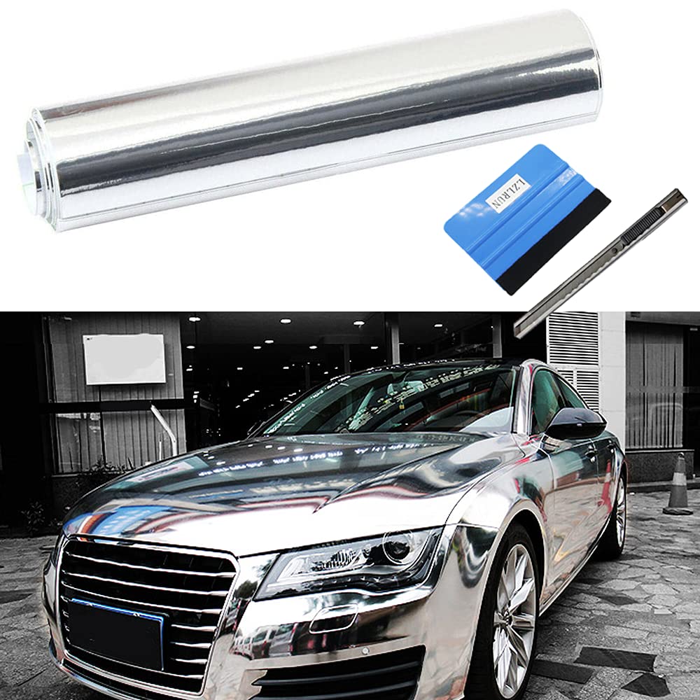 Lzlrun 1Ft X 5Ft Chrome Mirror Vinyl Wrap Adhesive Car Sticker Decal Film (1.64Ft X 5Ft, Silver)
