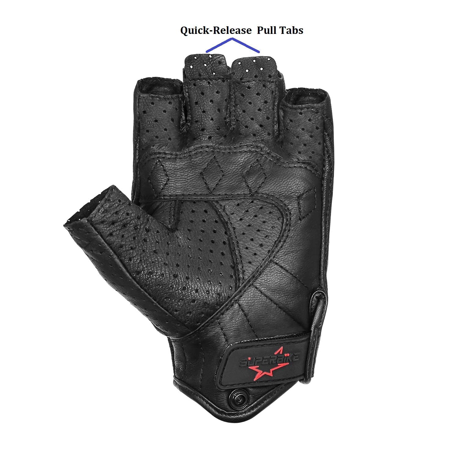 Superbike Half Finger Motorcycle Gloves, Black Goatskin Leather, Medium, Knuckle Armored, Perforated Motocross Gear (G11-Black)