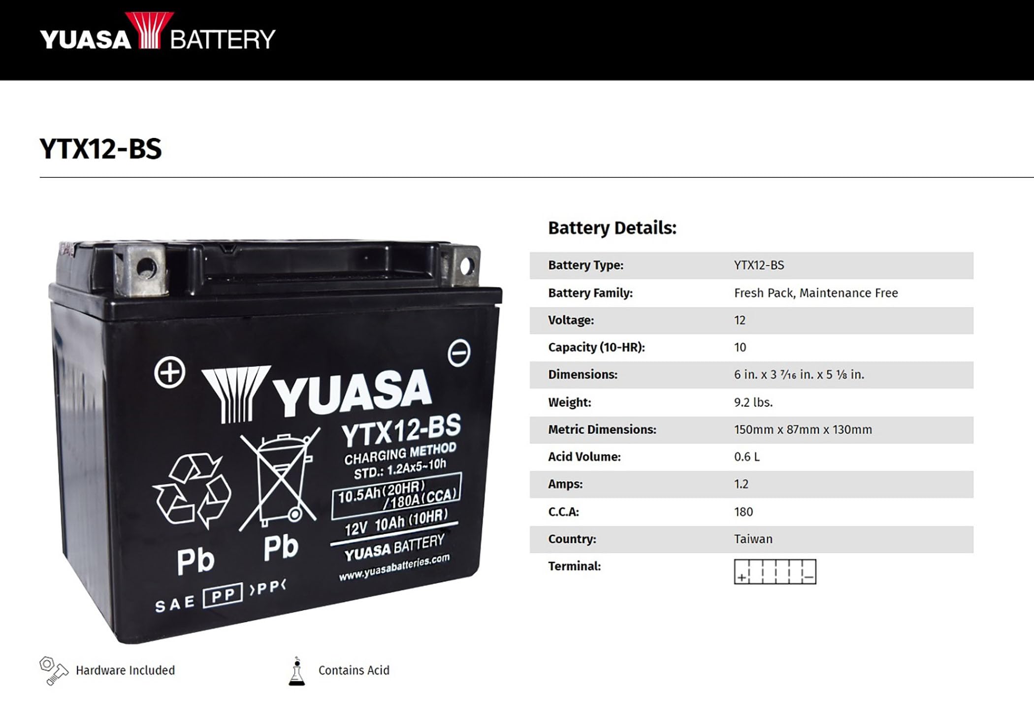 Yuasa Yuam3Rh2S Ytx12-Bs Battery, Multi-Colored