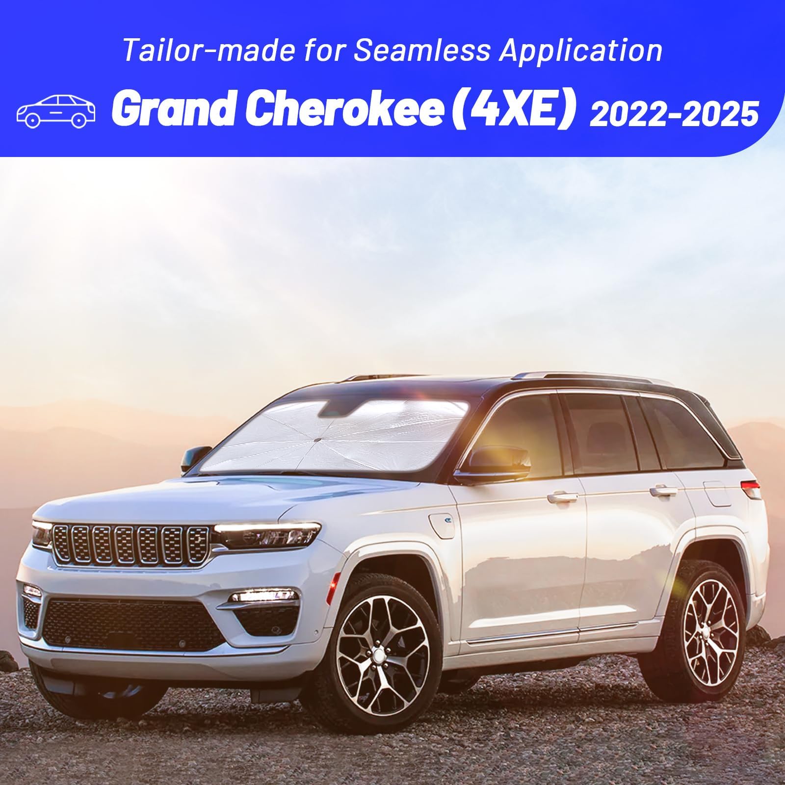 Windshield Sun Shade Umbrella for Jeep Grand Cherokee/Grand Cherokee 4XE 2022-2025, Foldable Front Window Sunshade with 360 Rota